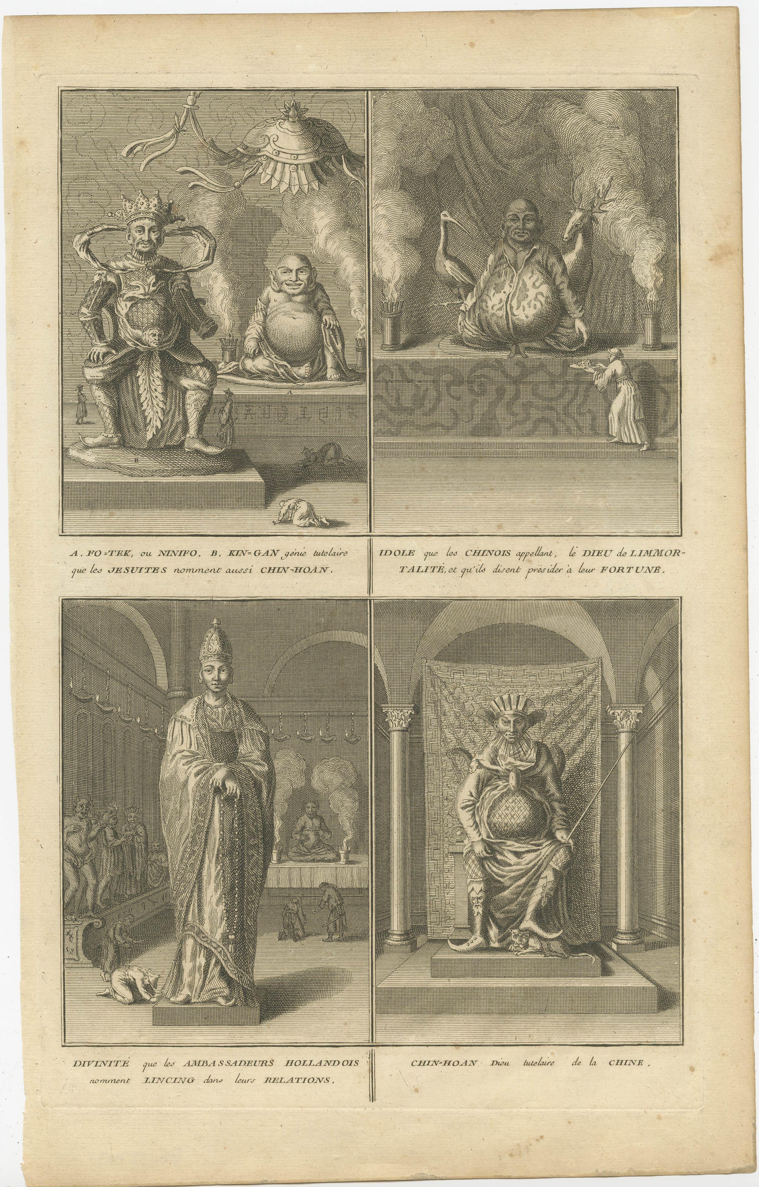 Antique print titled 'Fo-Tek ou Ninifo (..)'. Four images on one sheet. The two upper images show the Chinese God of Immortality and Fo-Tek or Ninifo and King-gan or Chin-hoan. The two lower images show 1) Chin-Hoan, Guardian Deity of China, 2) A
