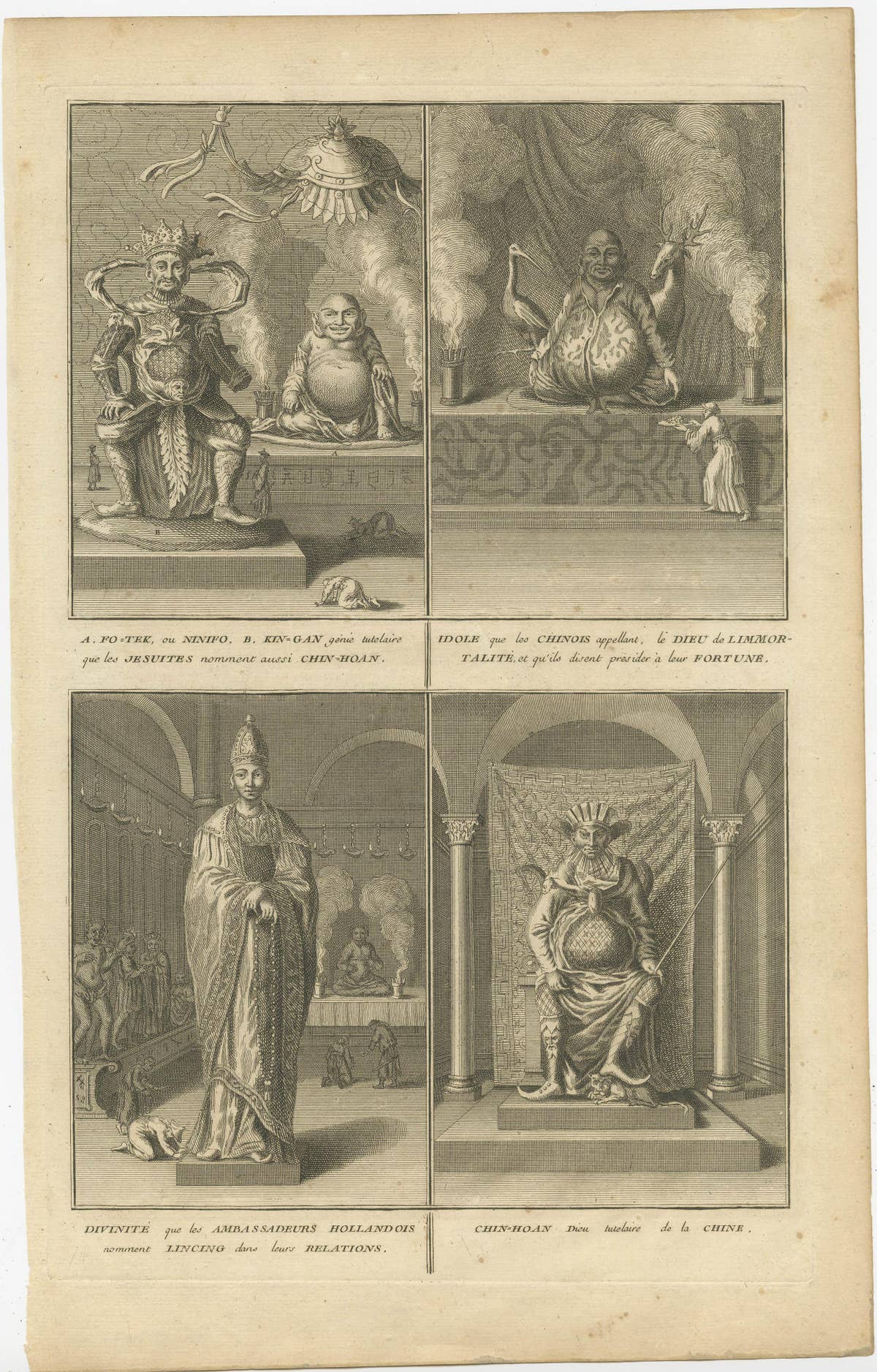 Antique Print of Fo-Tek, King-Gan and other Chinese Deities