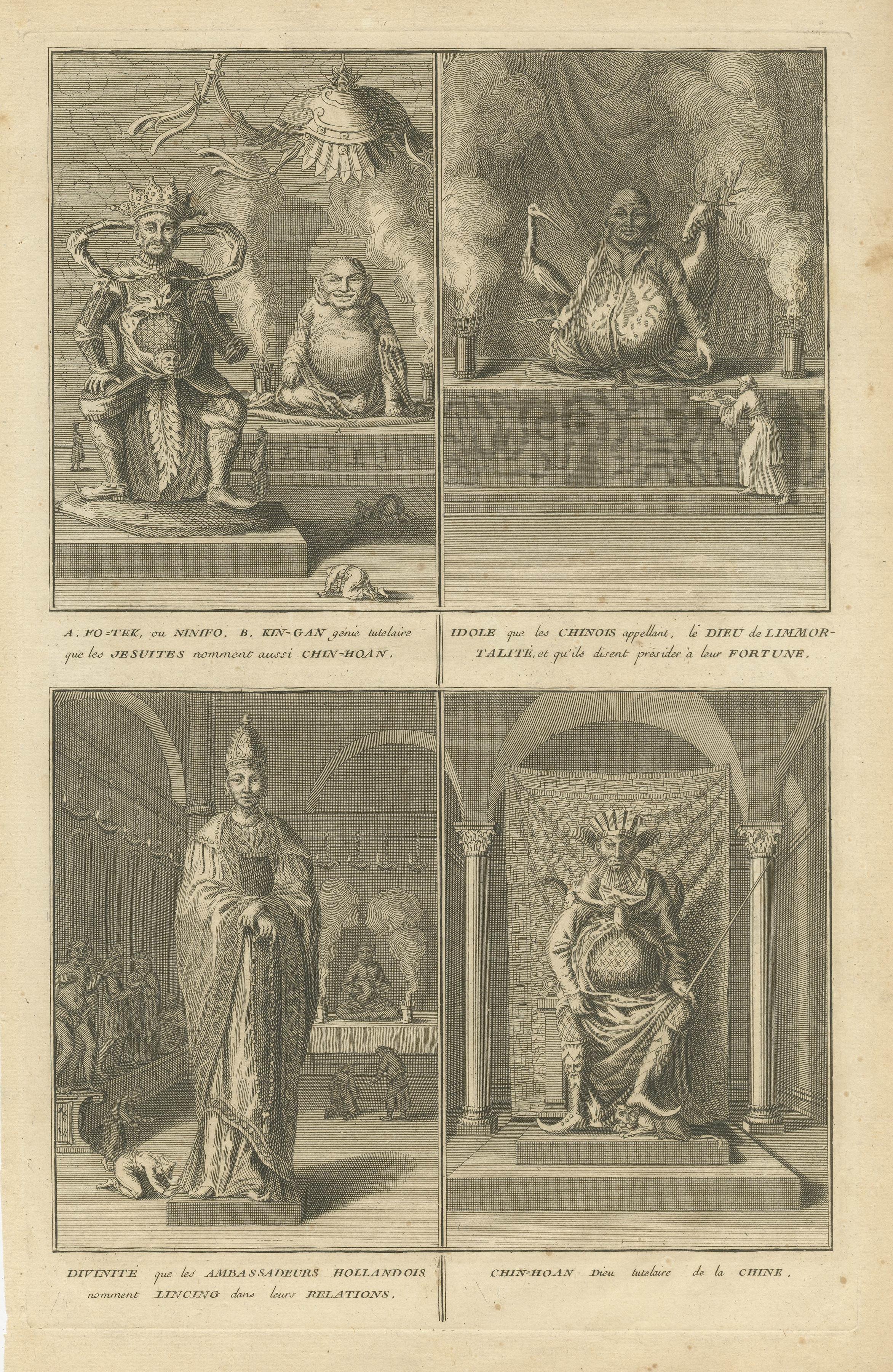 Antique Print of Fo-Tek, King-Gan and other Chinese Deities In Fair Condition For Sale In Langweer, NL