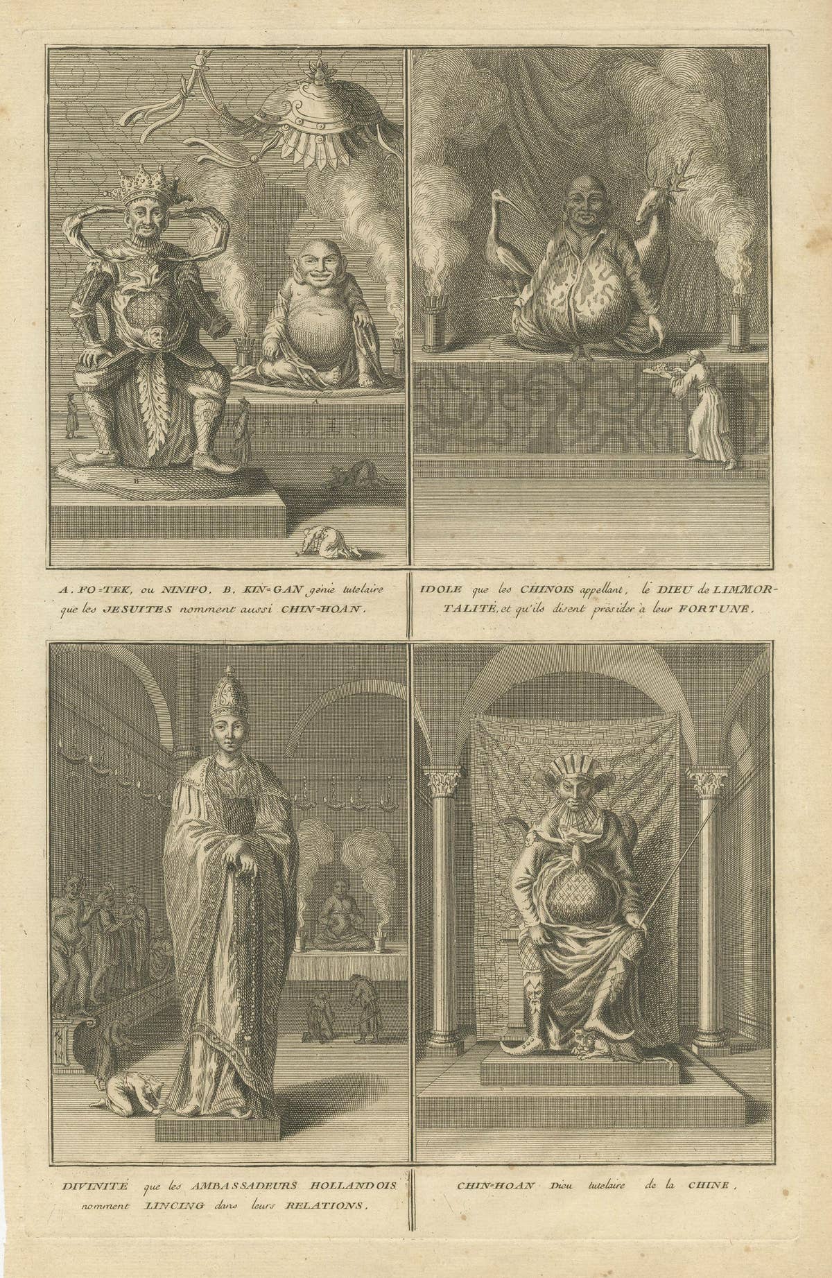 Antique Print of Fo-Tek, King-Gan and other Chinese Deities