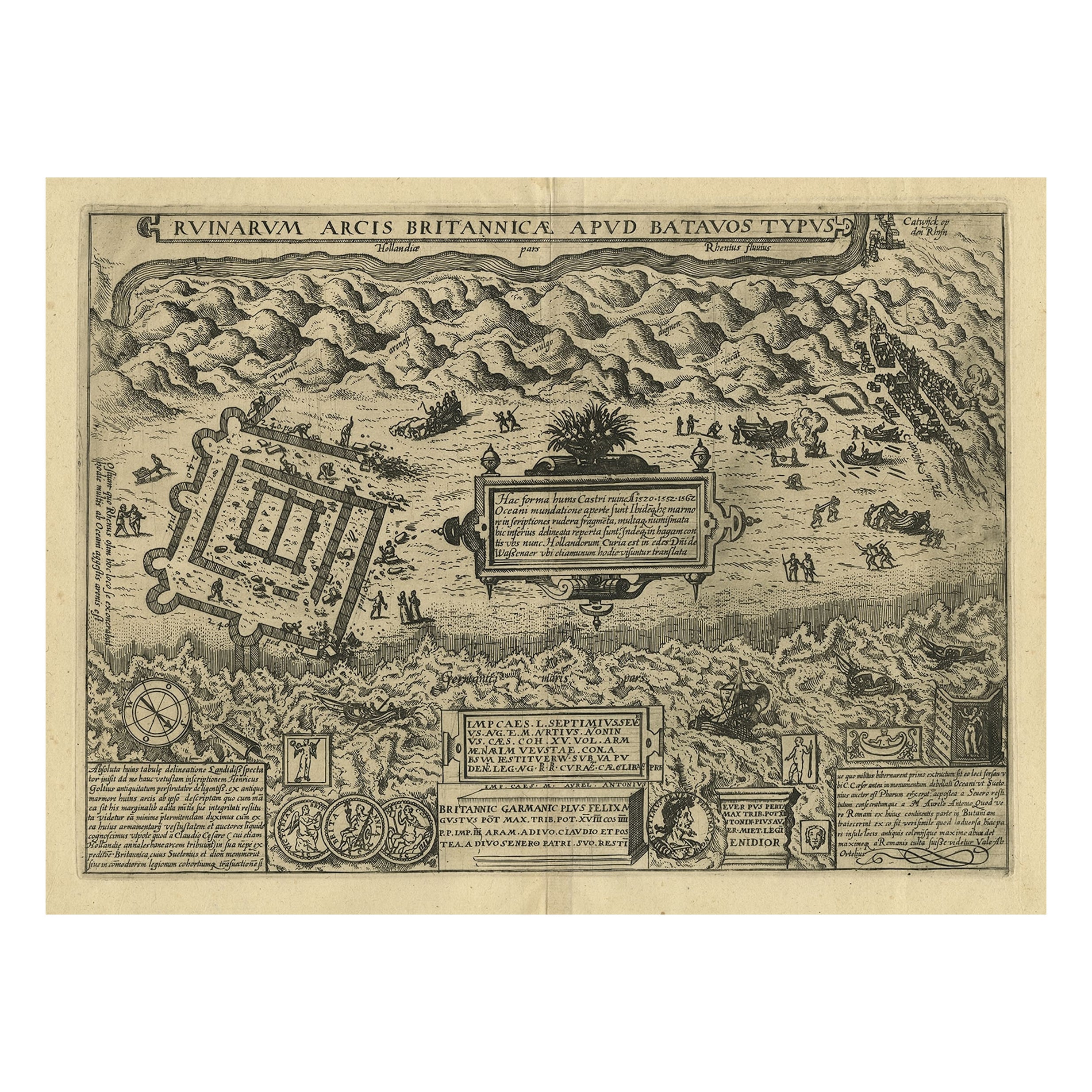 Grabado antiguo del Fuerte Brittenburg de Guiccardini, 1612