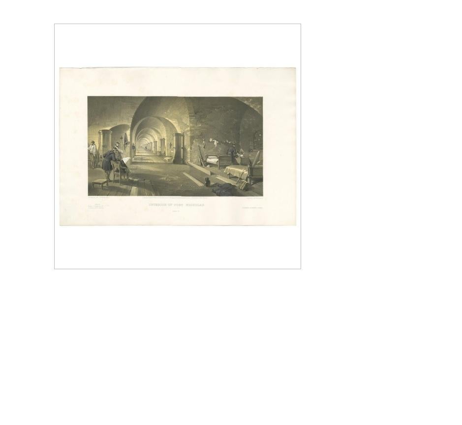 Antique print titled 'Interior of Fort Nicholas'. Interior view of Fort Nicholas showing living space and arched passageway. This print originates from 'The Seat of the War in the East' by W. Simpson. Published July 18th 1855 by Paul & Dominic