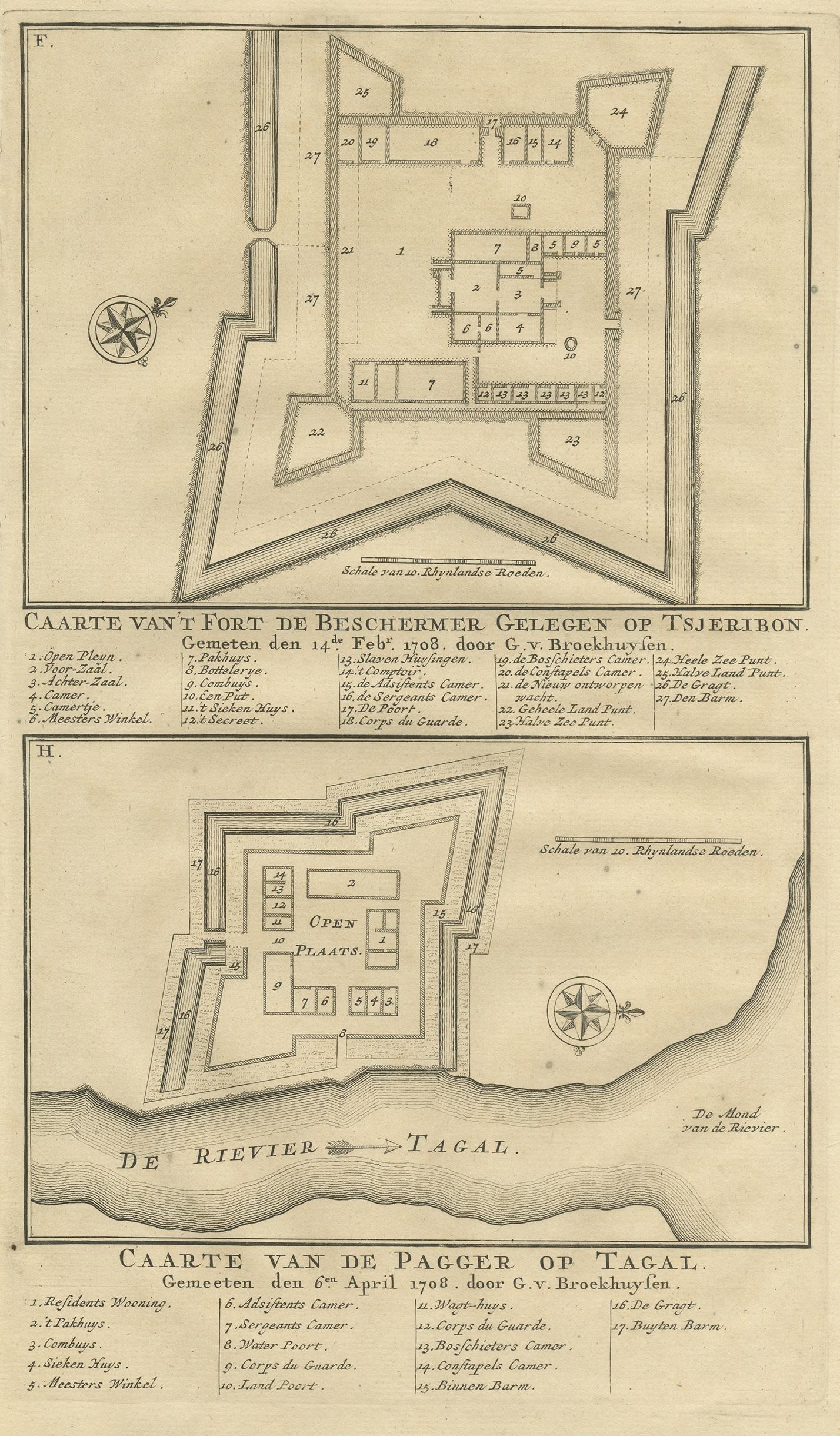 Gravure ancienne intitulée 'Caarte van het fort de Beschermer Gelegen op Tsjeribon. Caarte van de Pagger op Tagal'. Un plan de la forteresse 'de Beschermer' située à Cheribon (Java) et un plan du petit fort (Pagger ou Pagar) près de Tegal. Cette