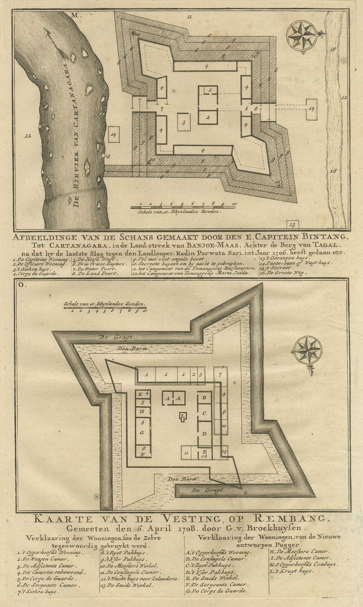 Antique print titled 'Kaarte van de Schans gemaakt door den E. Capitein Bintang. Kaarte van de Vesting op Rembang. ' A plan of the fort constructed by the Captain E. Bintang, in the Banyumas region of Java, Indonesia. A second plan of the Fortress