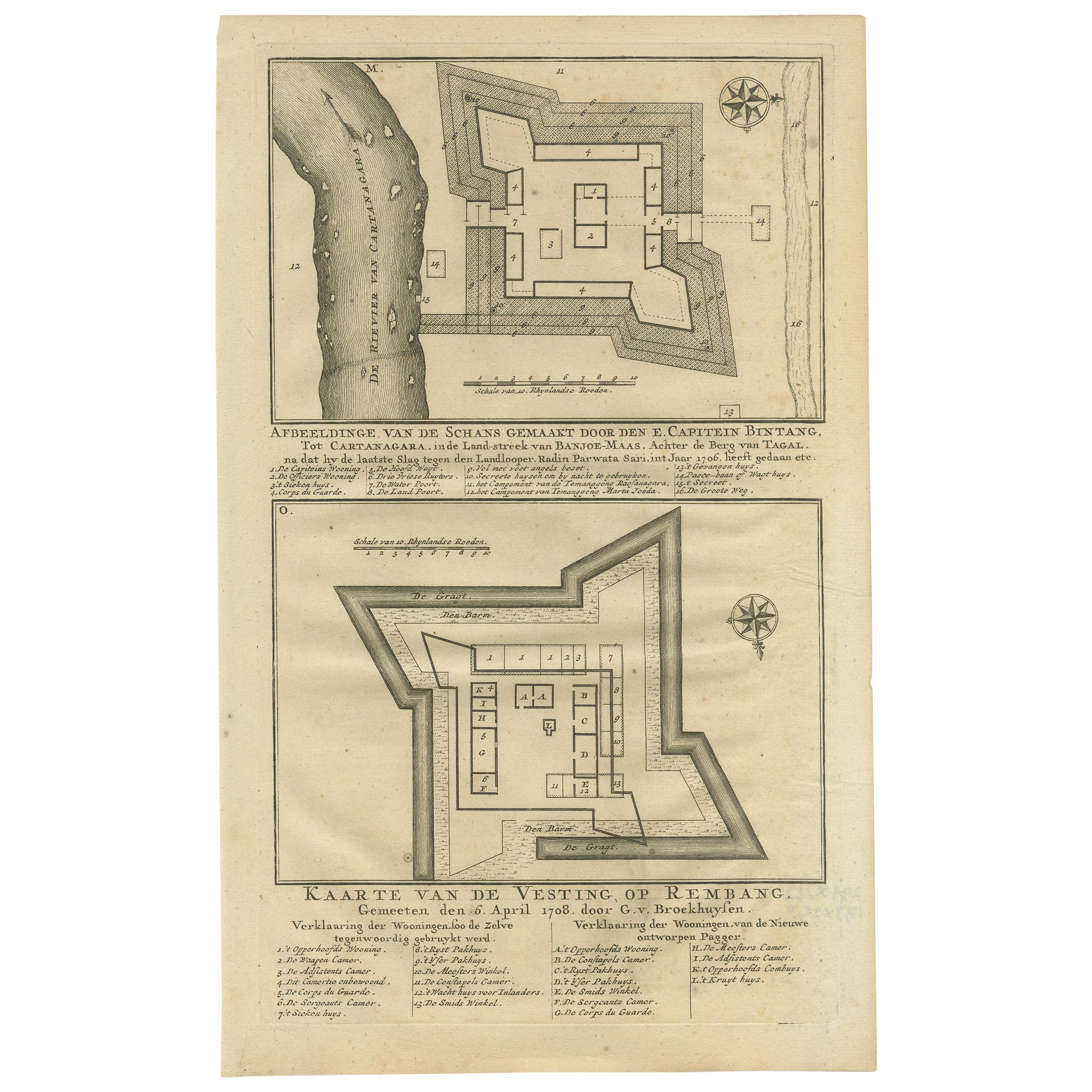Antiker antiker Druck von Fortresses in der Region Banyumas von Valentijn, 1726