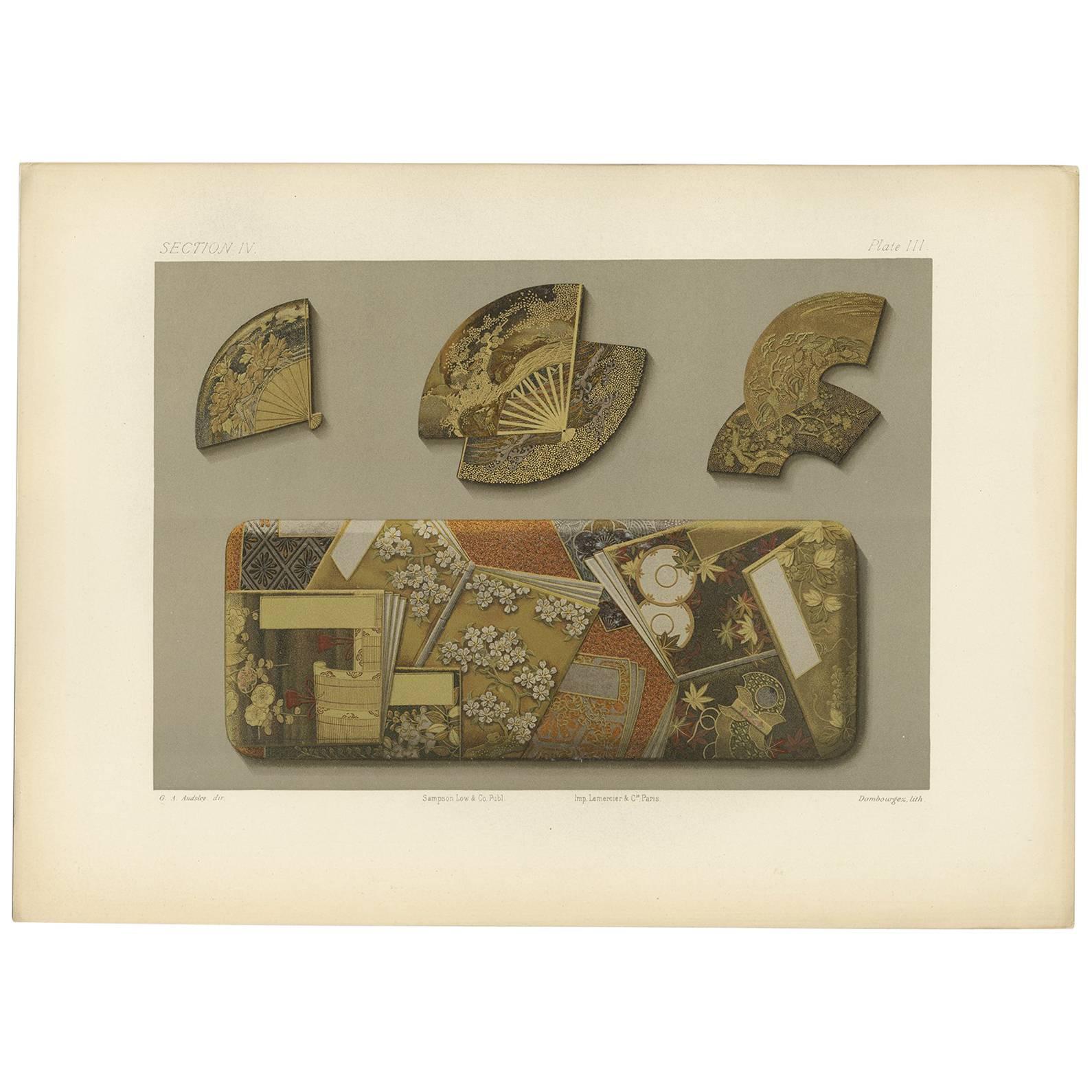Antique Print of Four Japanese Boxes 'Lacquer' by G. Audsley, 1882 For Sale