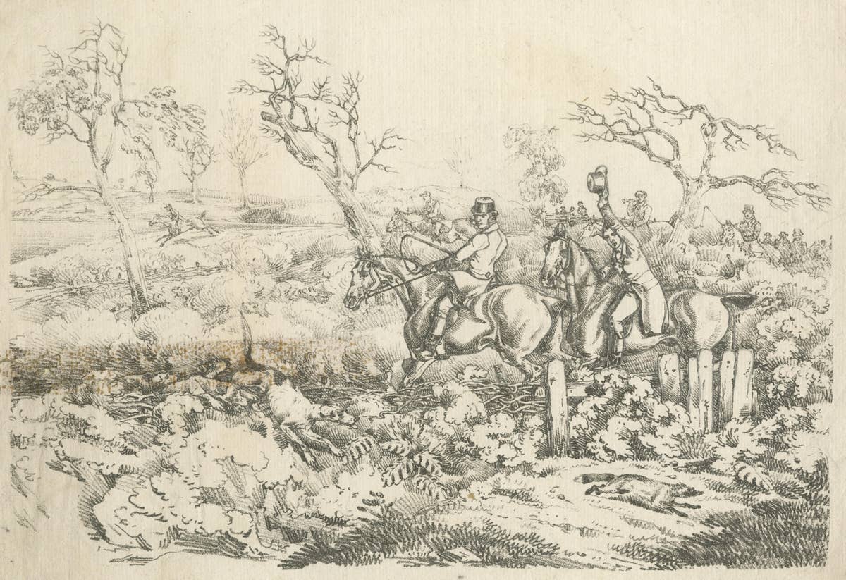 Original Antique Print of Fox Hunting in England, 1817