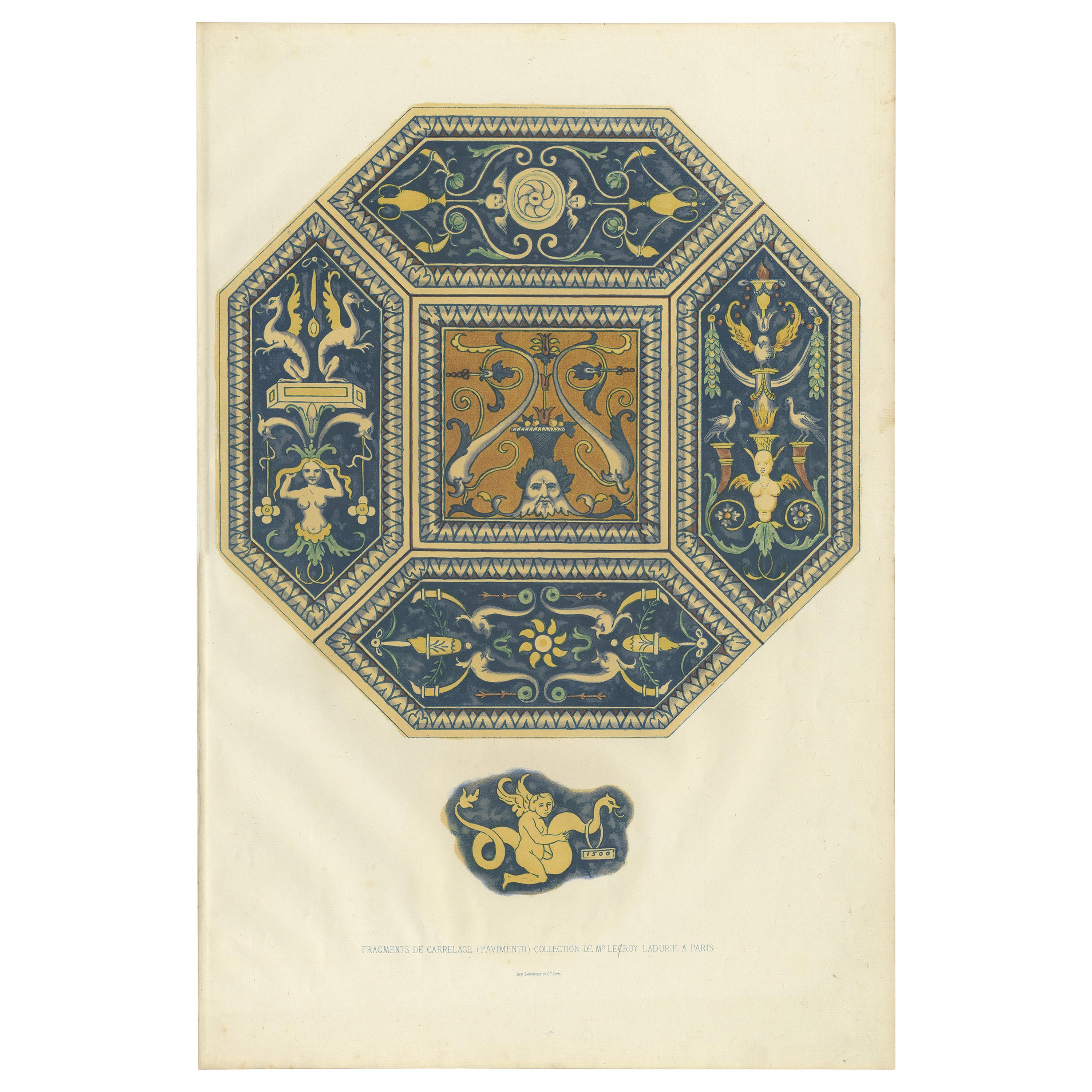 Impression ancienne de fragments de carreaux de pavillons par Delange (1869) en vente