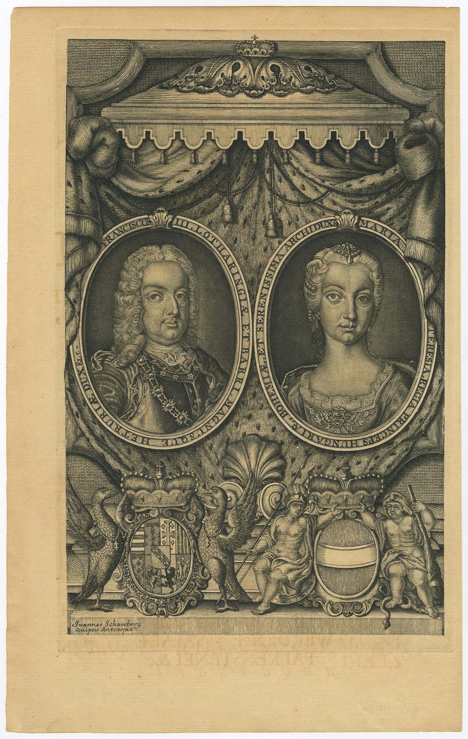 Antique print, titled: 'Franciscus III Lotharingiae - Maria Teresia (…)' 

This plate shows portraits of Francis I (1708 - 1765), Holy Roman Emperor and Grand Duke of Tuscany, though his wife effectively executed the real power of those positions.