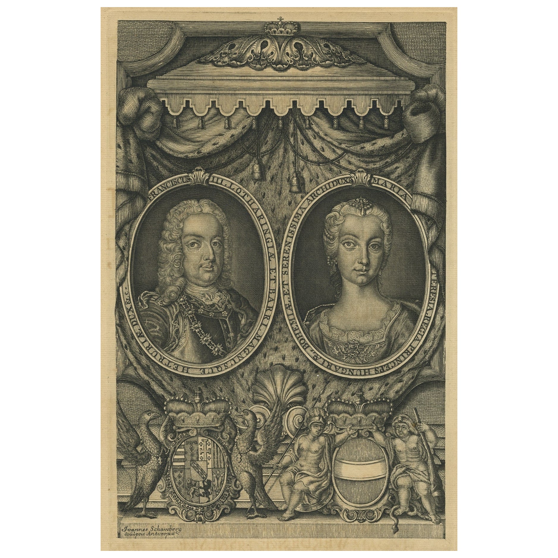Antiker antiker Druck von Francis I., Heiliger römischer Kaiser und Maria Theresa von Österreich, 1737