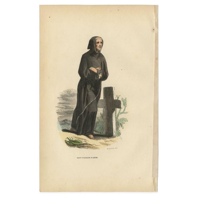 Antique print titled 'Saint Francois d'Assise'. Print of Francis of Assisi. This print originates from 'Histoire et Costumes des Ordres Religieux'.

Artists and Engravers: Author: Abbé Tiron. 

Condition: Good, general age-related toning. Minor