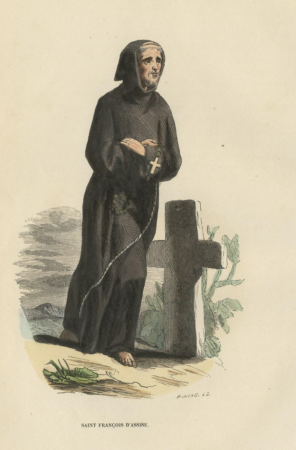 19th Century Antique Print of Francis of Assisi with Cross, 1845 For Sale
