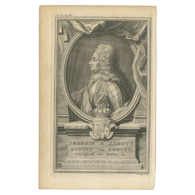 Antique Print of Frederick I, King of Sweden, 1735 For Sale