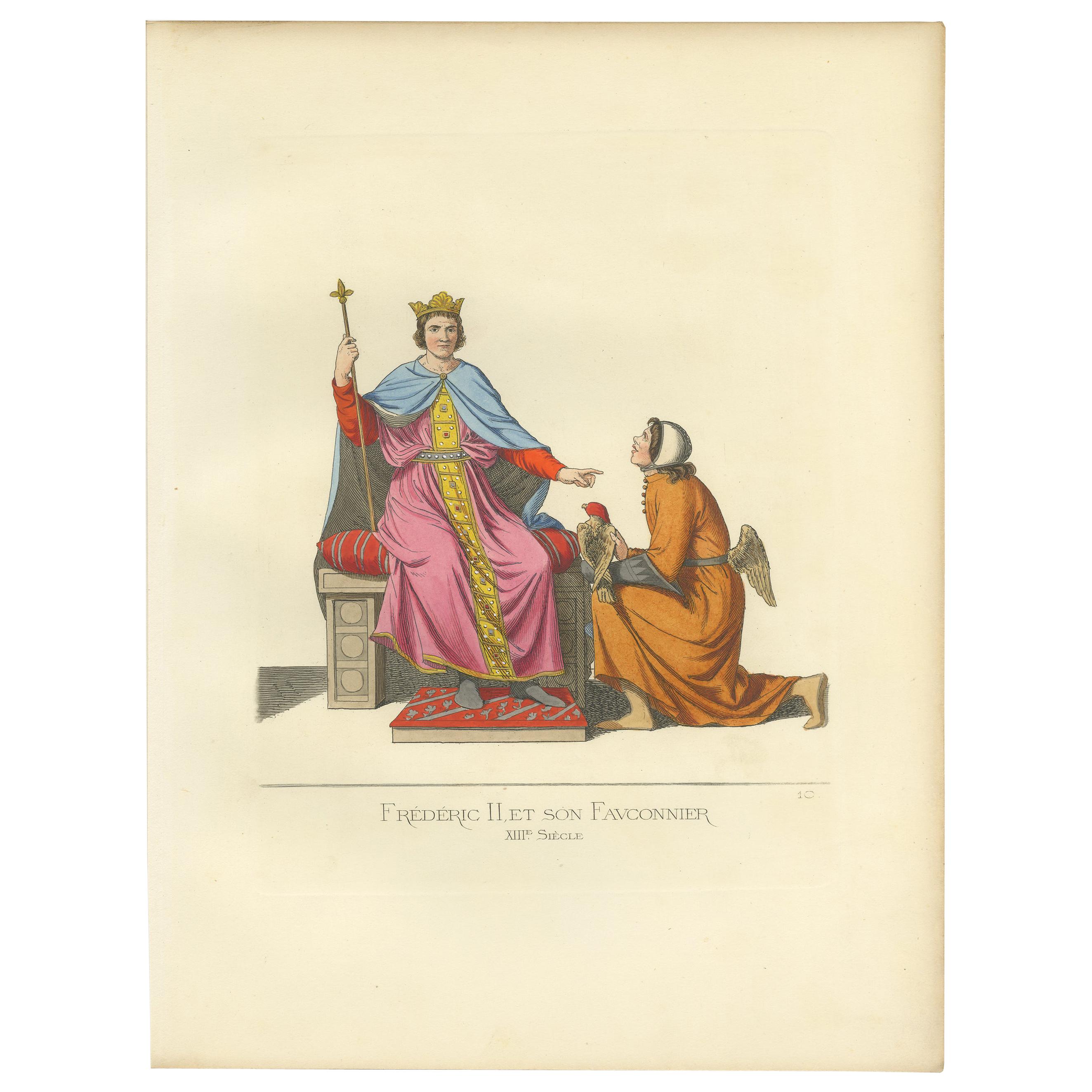 Antique Print of Frederick II and his Falconer by Bonnard, 1860 For Sale