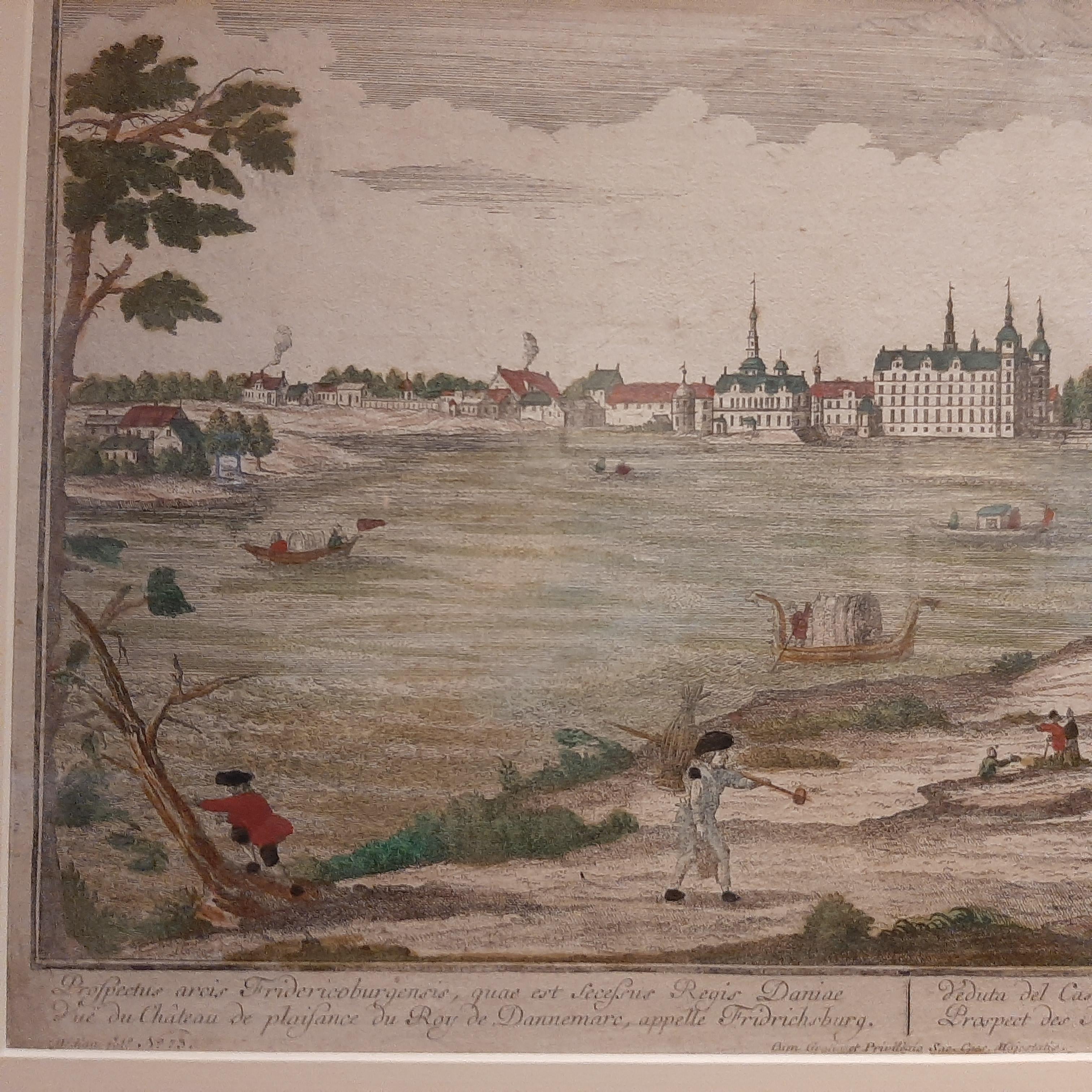 Antique Print of Frederiksborg Castle by Probst, circa 1760 In Good Condition For Sale In Langweer, NL