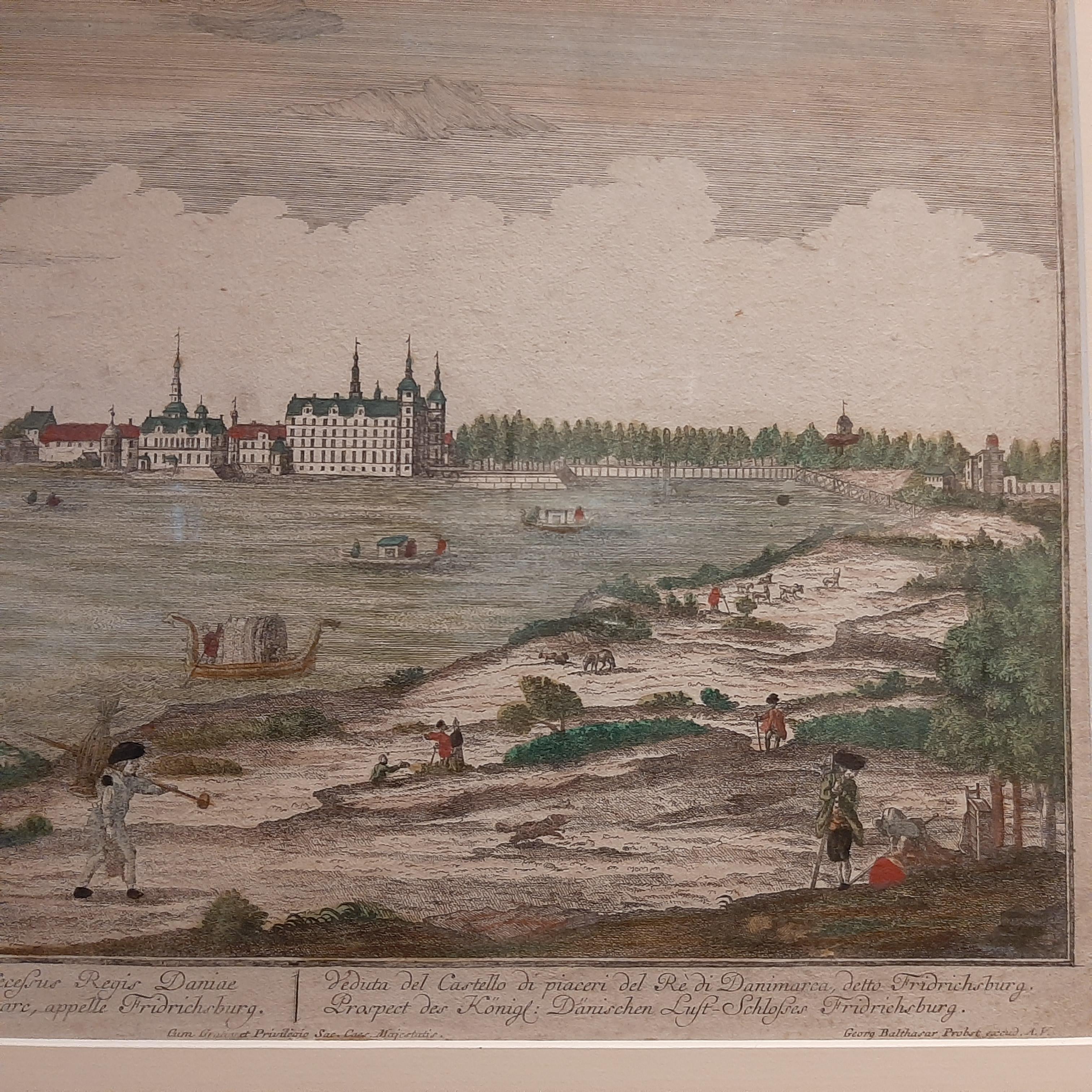 18th Century Antique Print of Frederiksborg Castle by Probst, circa 1760 For Sale