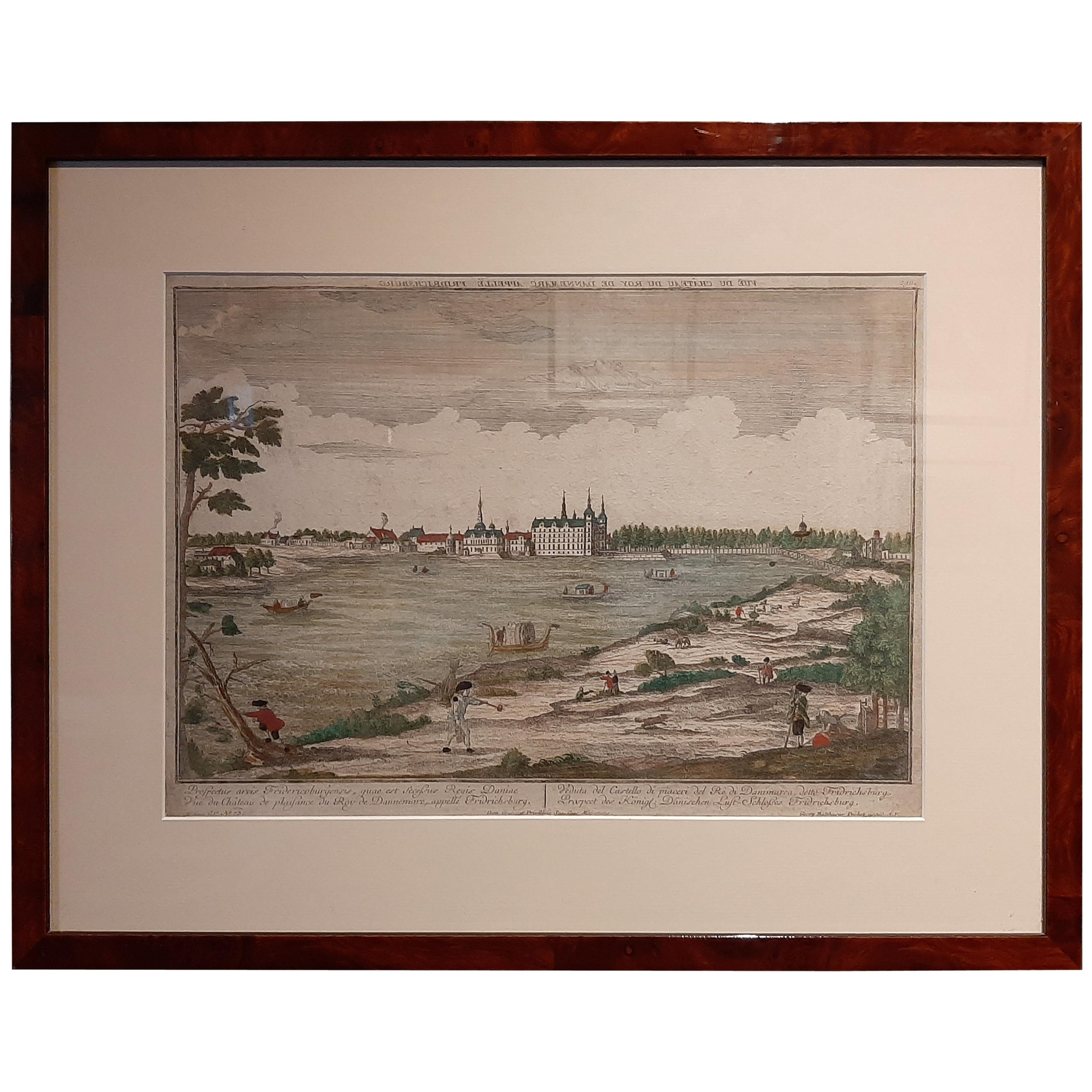 Antique Print of Frederiksborg Castle by Probst, circa 1760 For Sale