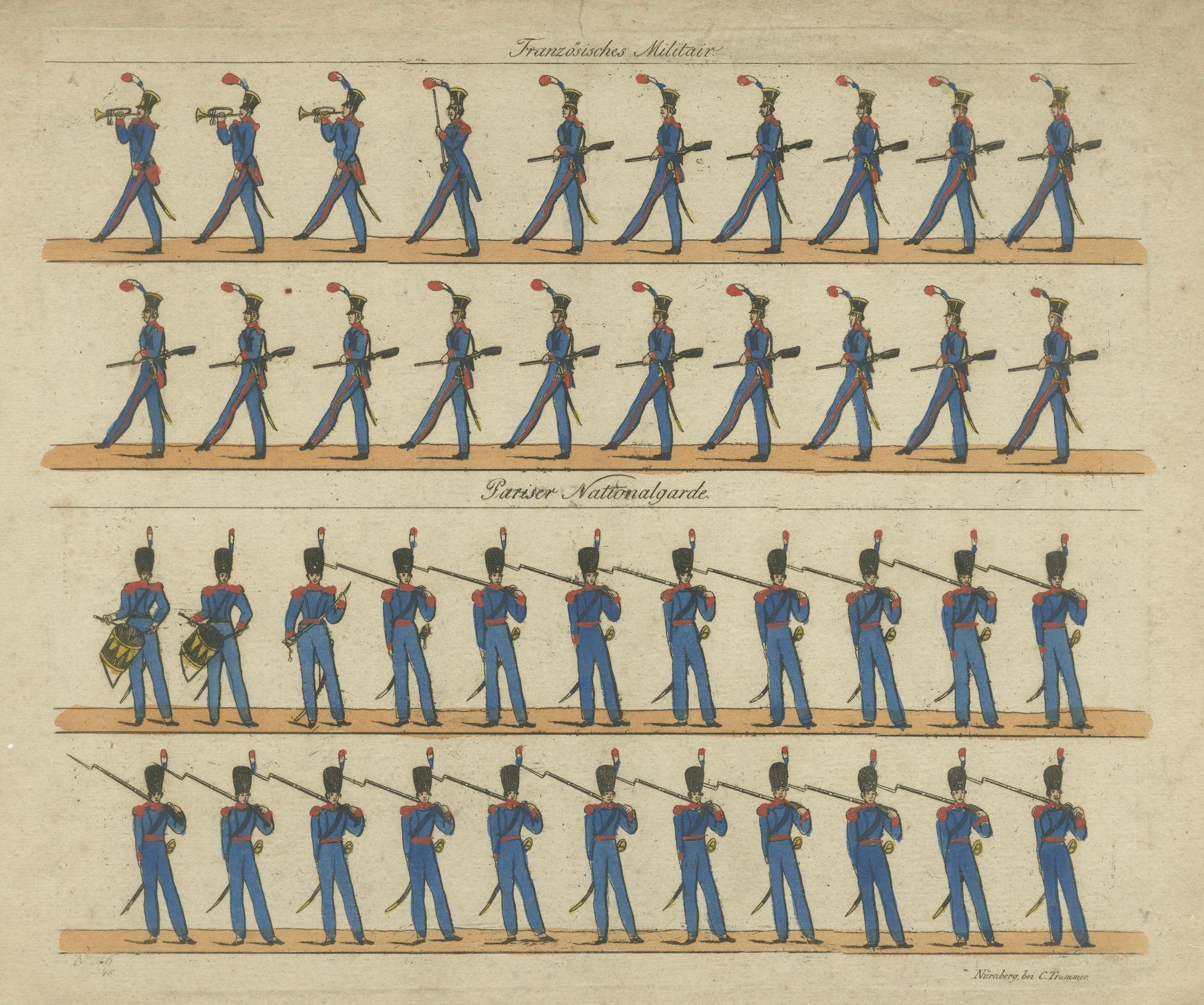 Antique Print of French Infantry Drill – Line Soldiers & National Guard, c.1800