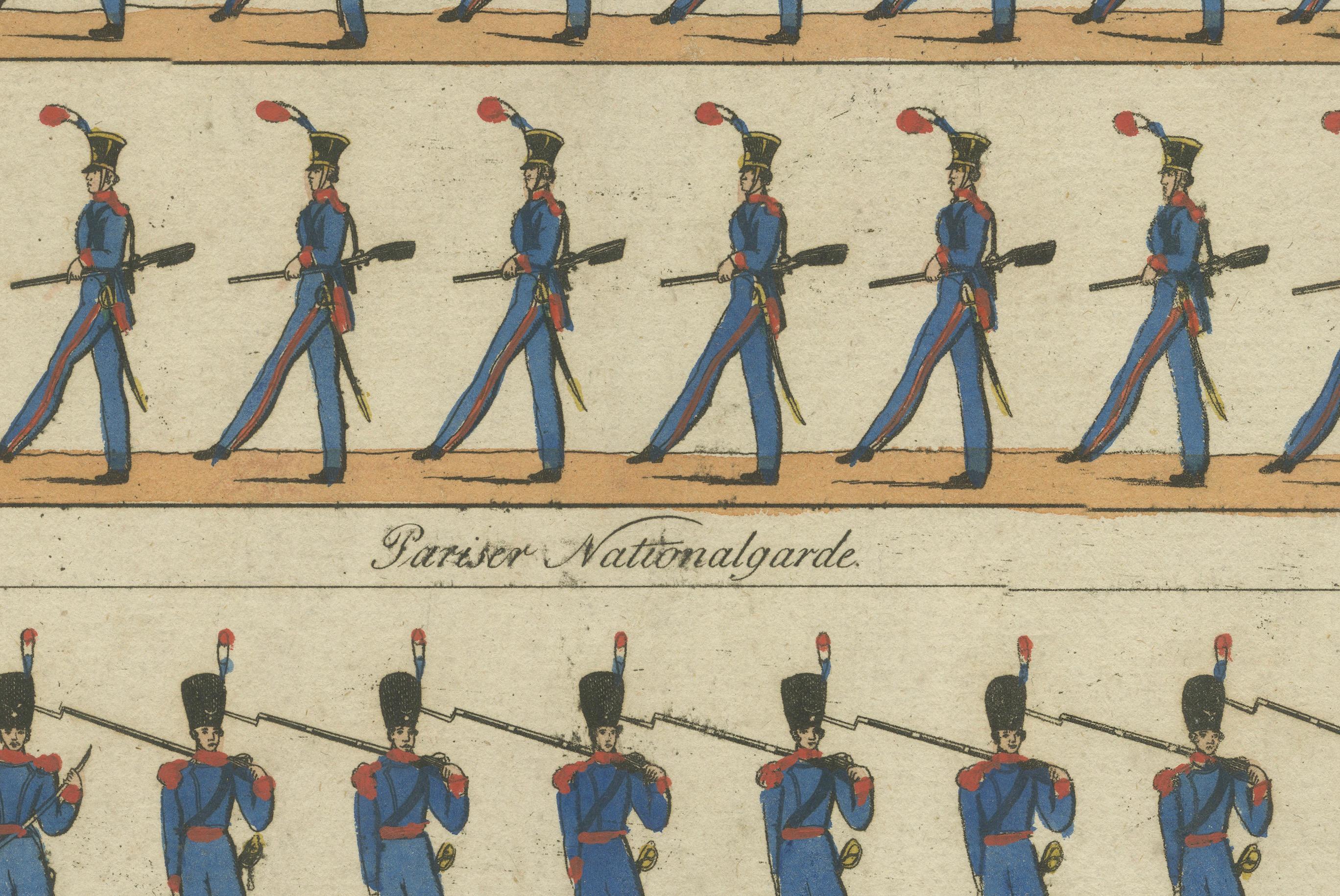 Antique Print of French Infantry Drill – Line Soldiers & National Guard, c.1800