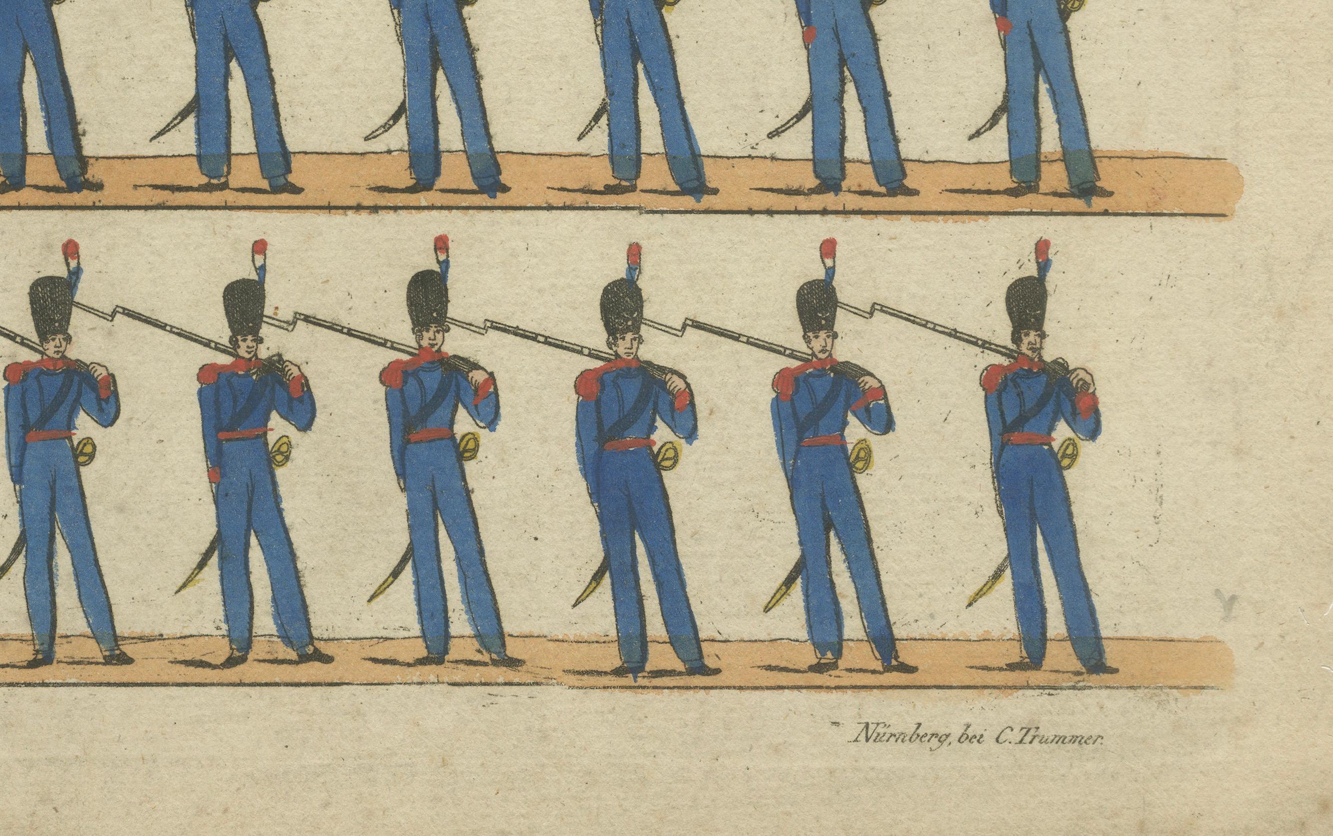 Antique Print of French Infantry Drill – Line Soldiers & National Guard, c.1800