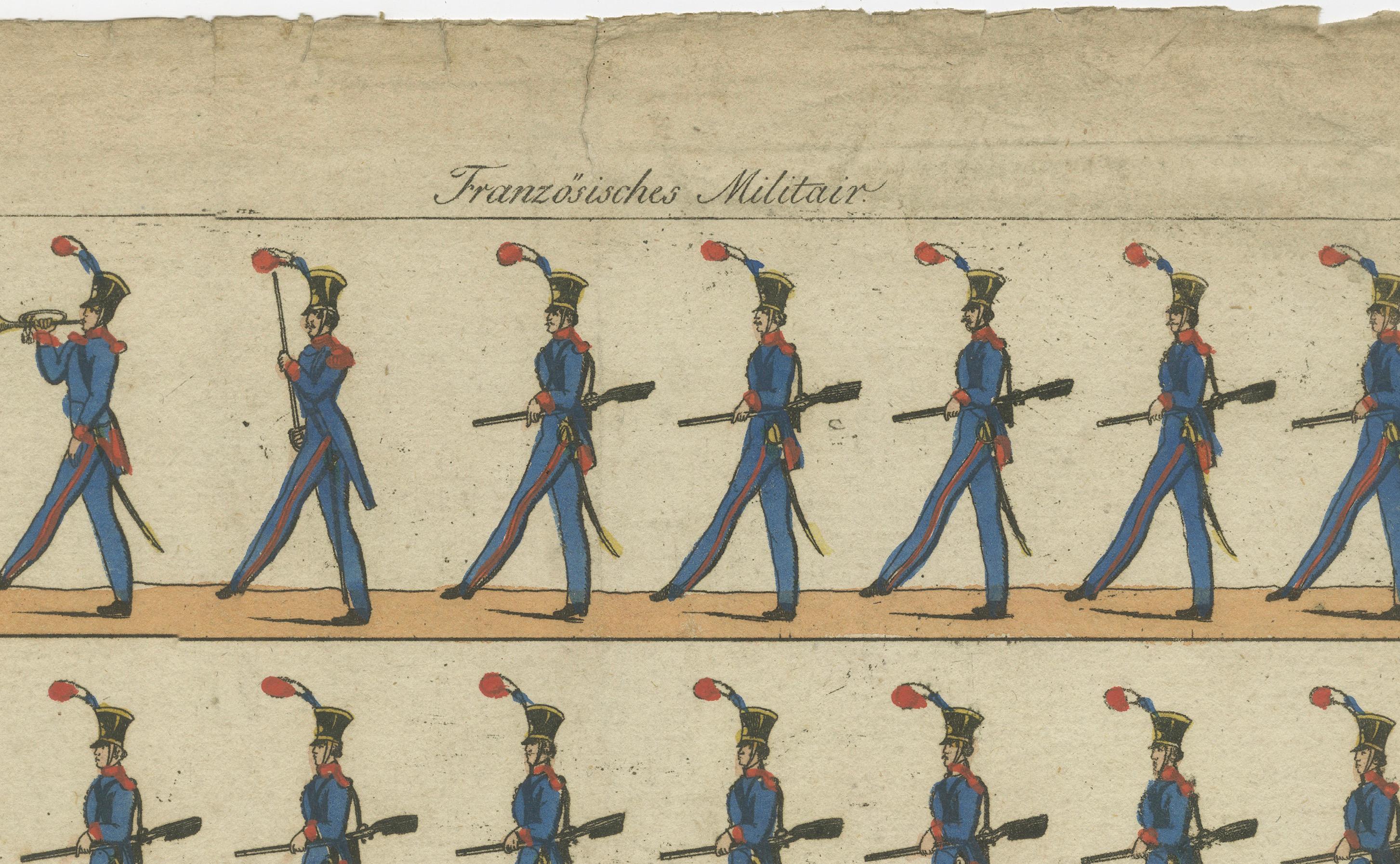 Antique Print of French Infantry Drill – Line Soldiers & National Guard, c.1800