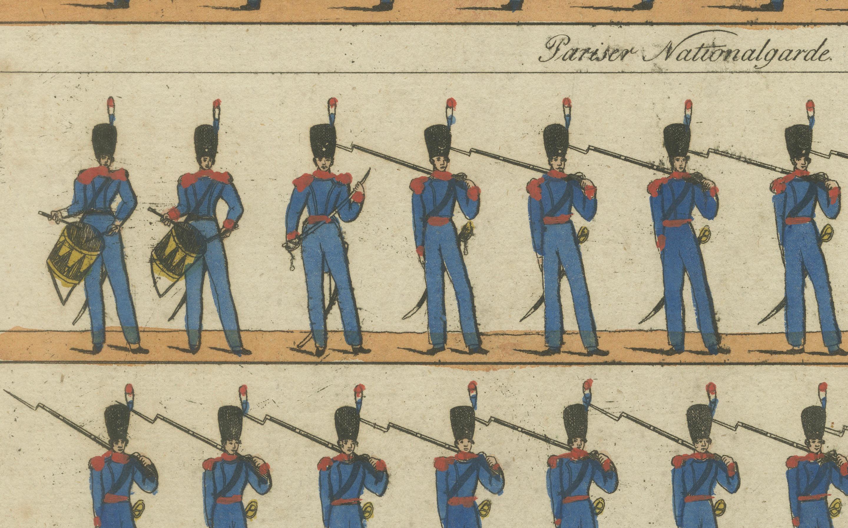Antique Print of French Infantry Drill – Line Soldiers & National Guard, c.1800