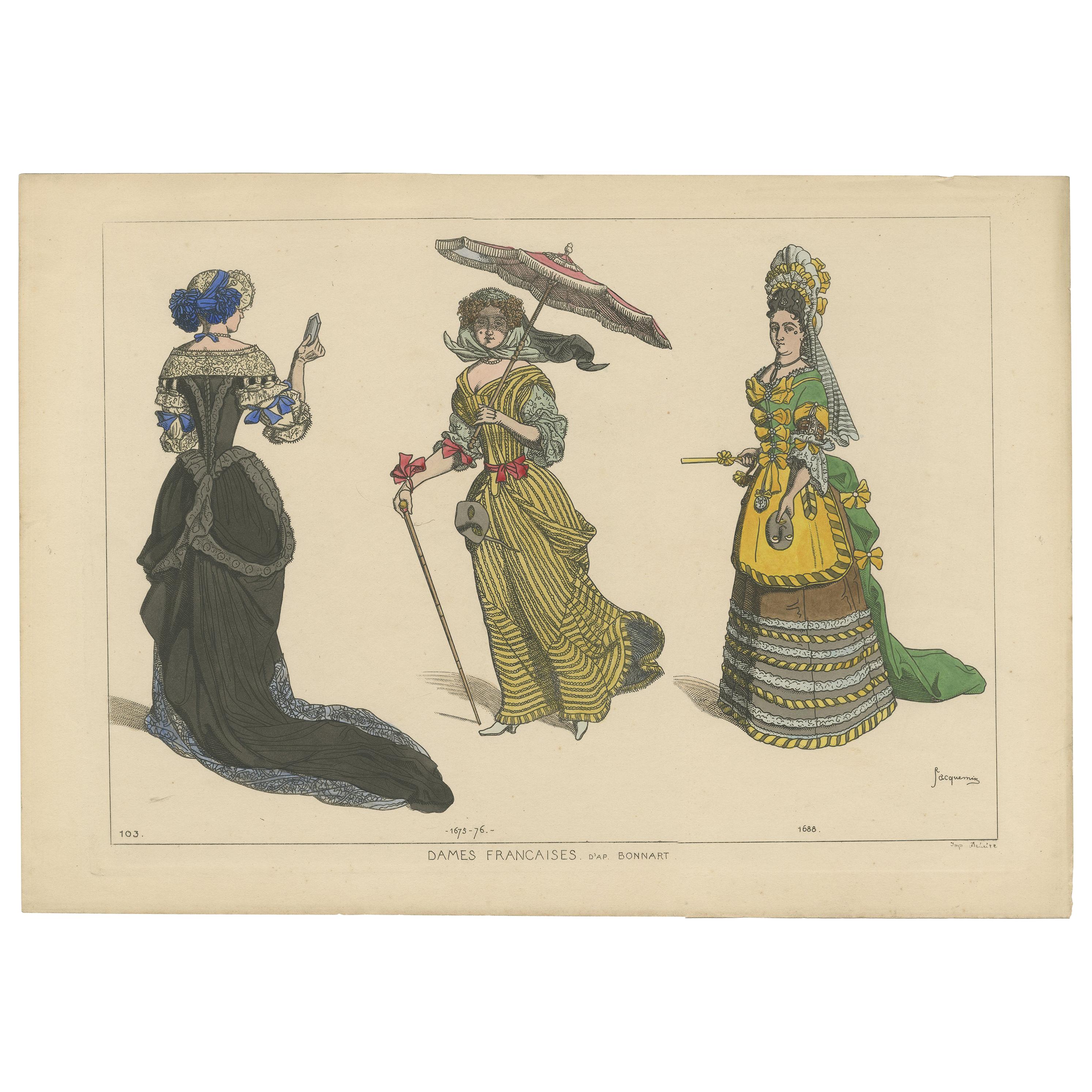 Estampa antigua de Damas francesas por Jacquemin 'c.1870'