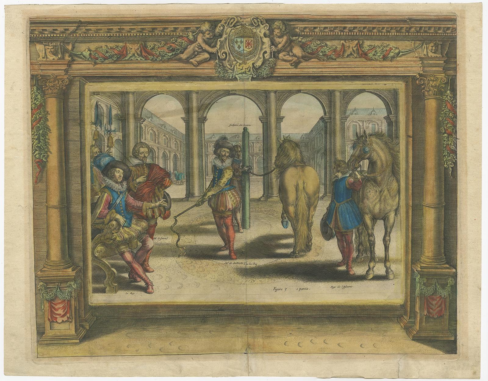 Antique print depicting two horses near the Louvre, France. Also depicted are a group of men, including Mr. LeGrand. This print originates from 'L'Instruction du Roy en l'Exercice de Monter a Cheval', a work about the mounting of horses. 

Artists