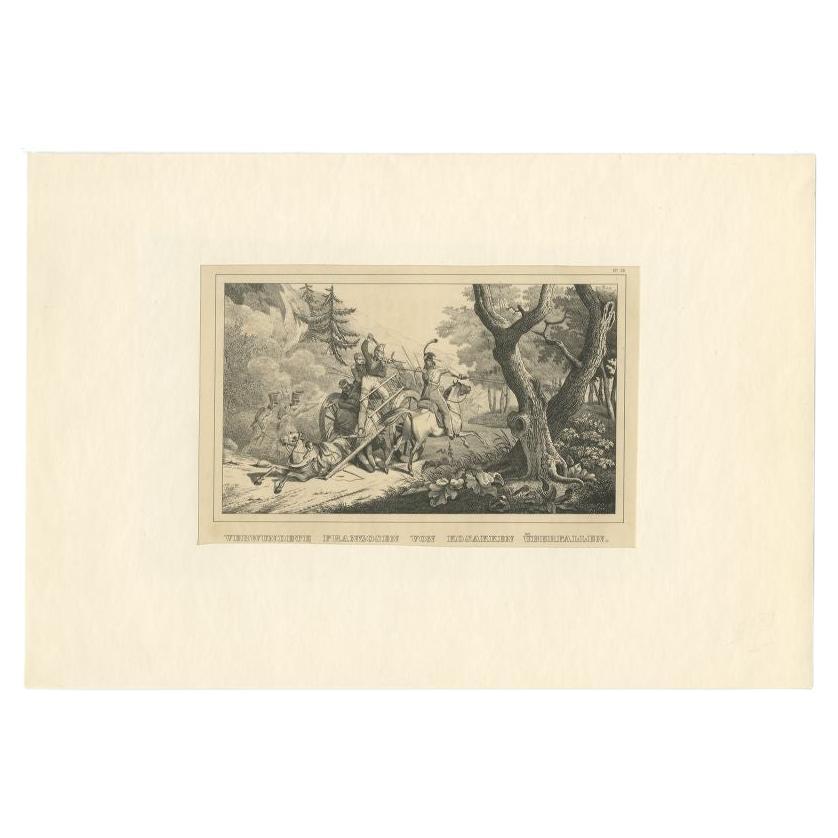 Antique Print of French Soldiers Attacked by Cossacks, 1845