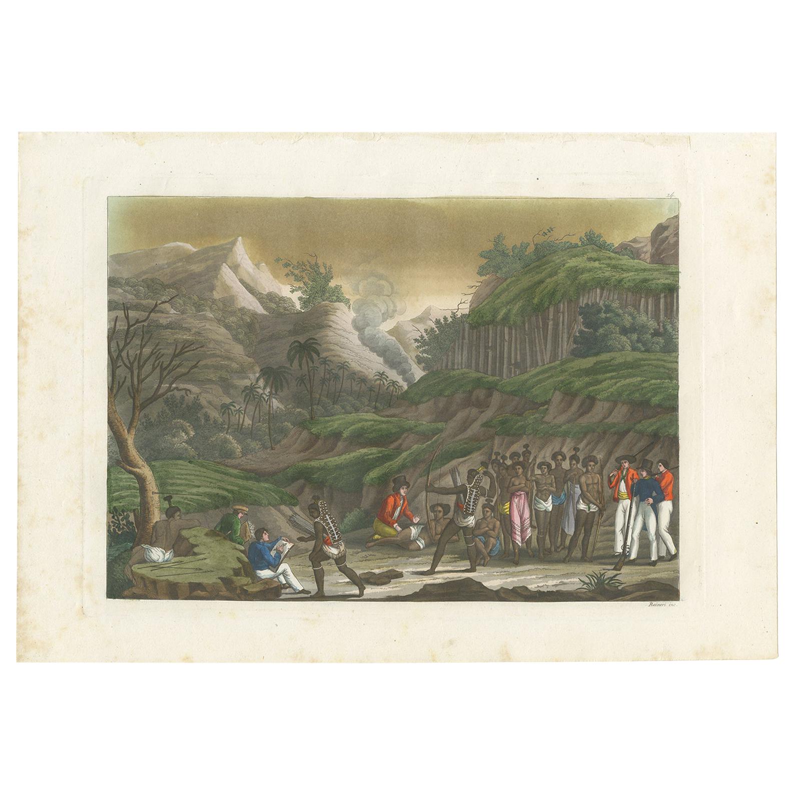 Antique Print of French Troops on Ombai Island by Ferrario, '1831'