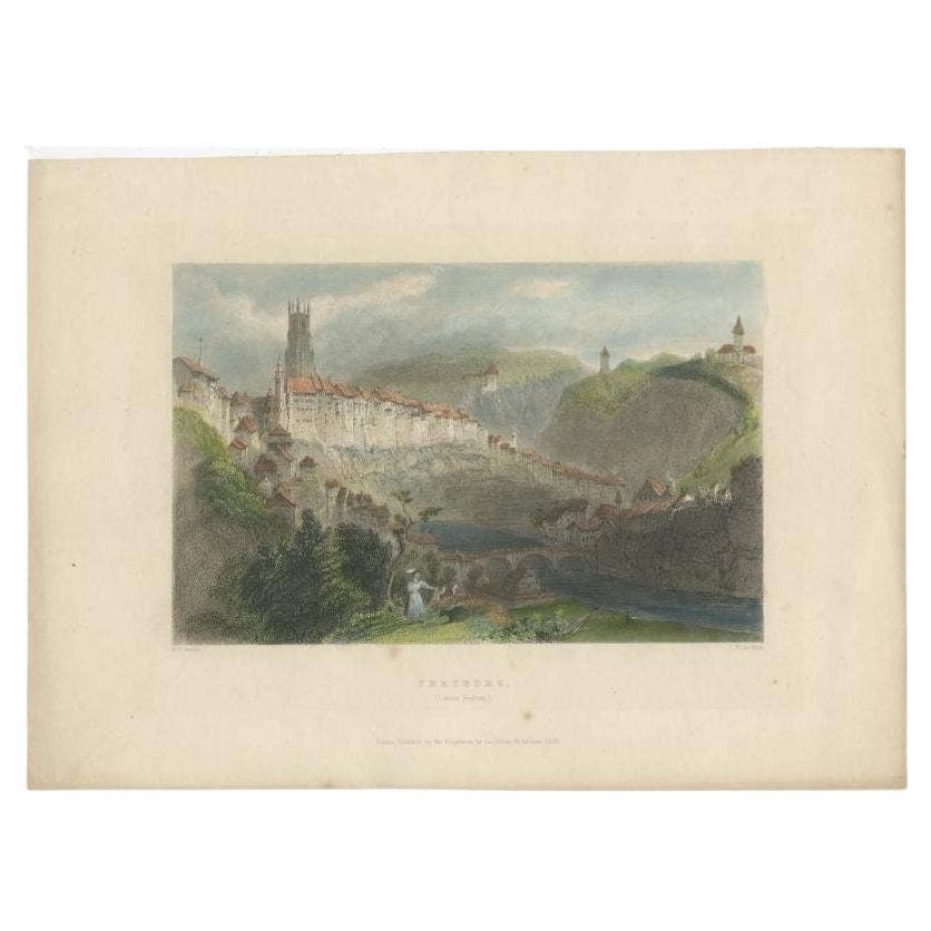 Antique Print of Fribourg, La Sarine, Switzerland, 1835