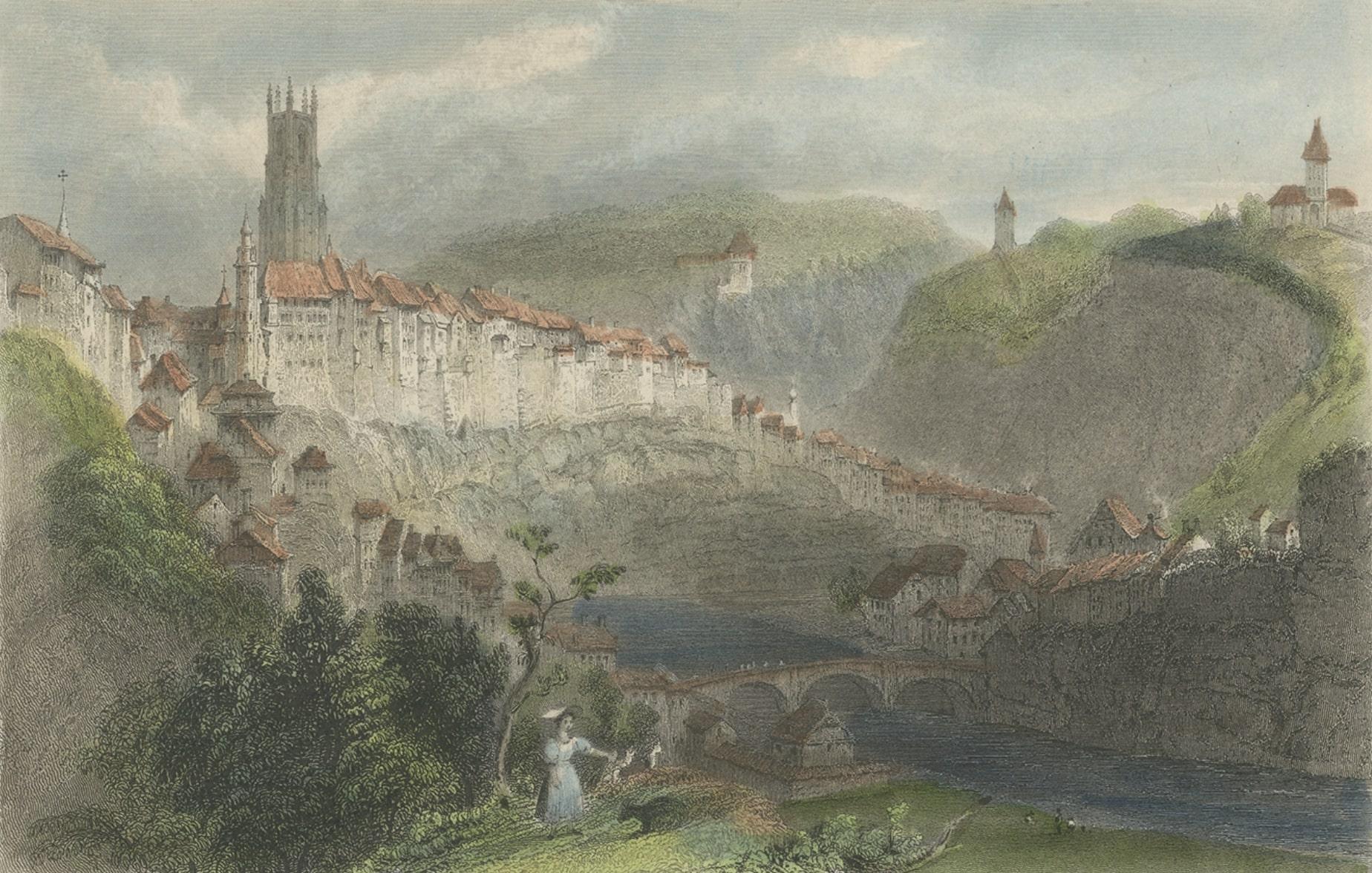 Paper Antique Print of Fribourg, La Sarine, Switzerland, 1835 For Sale