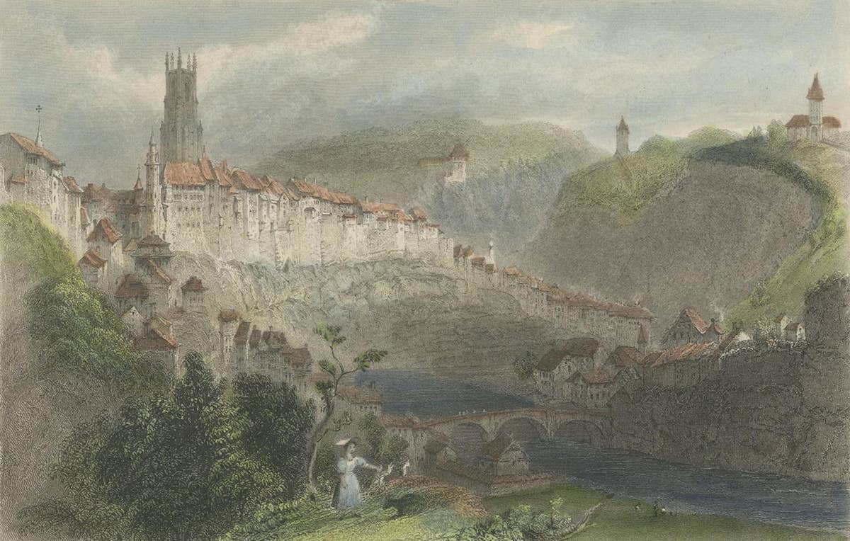 Antique Print of Fribourg, La Sarine, Switzerland, 1835