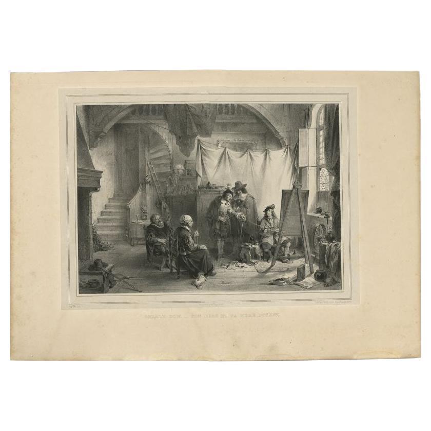 Antique Print of G. Dow with His Parents by Madou, 1842 For Sale