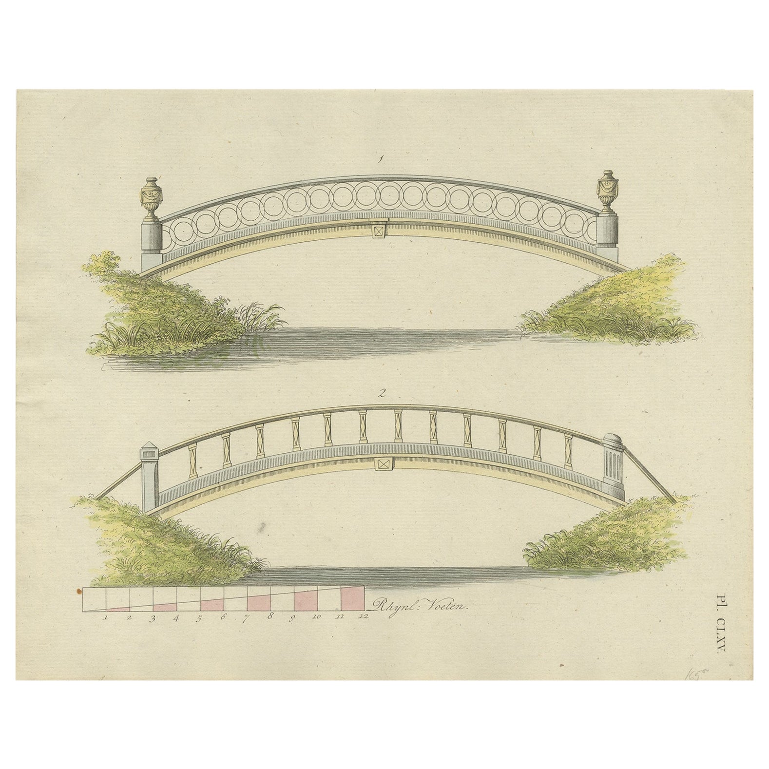 Grabado antiguo de Arquitectura de jardines que muestra un puente de jardín, por Van Laar, 1802 en venta