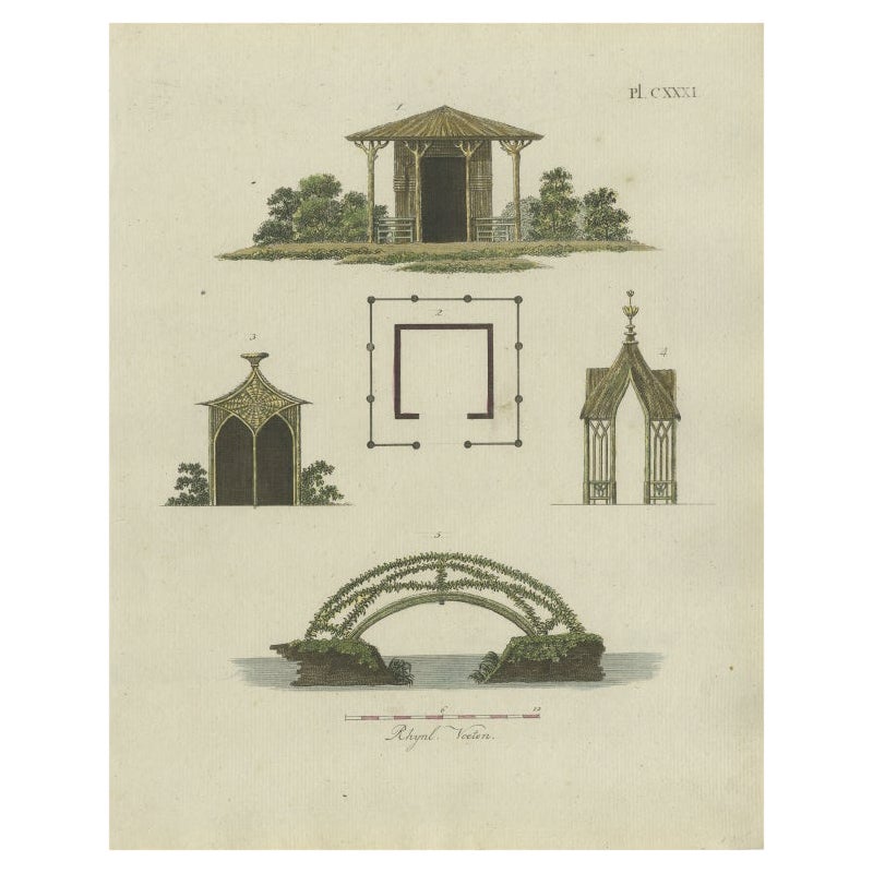 Impression ancienne de maisons de jardin d'architecture de jardin par Van Laar, 1802