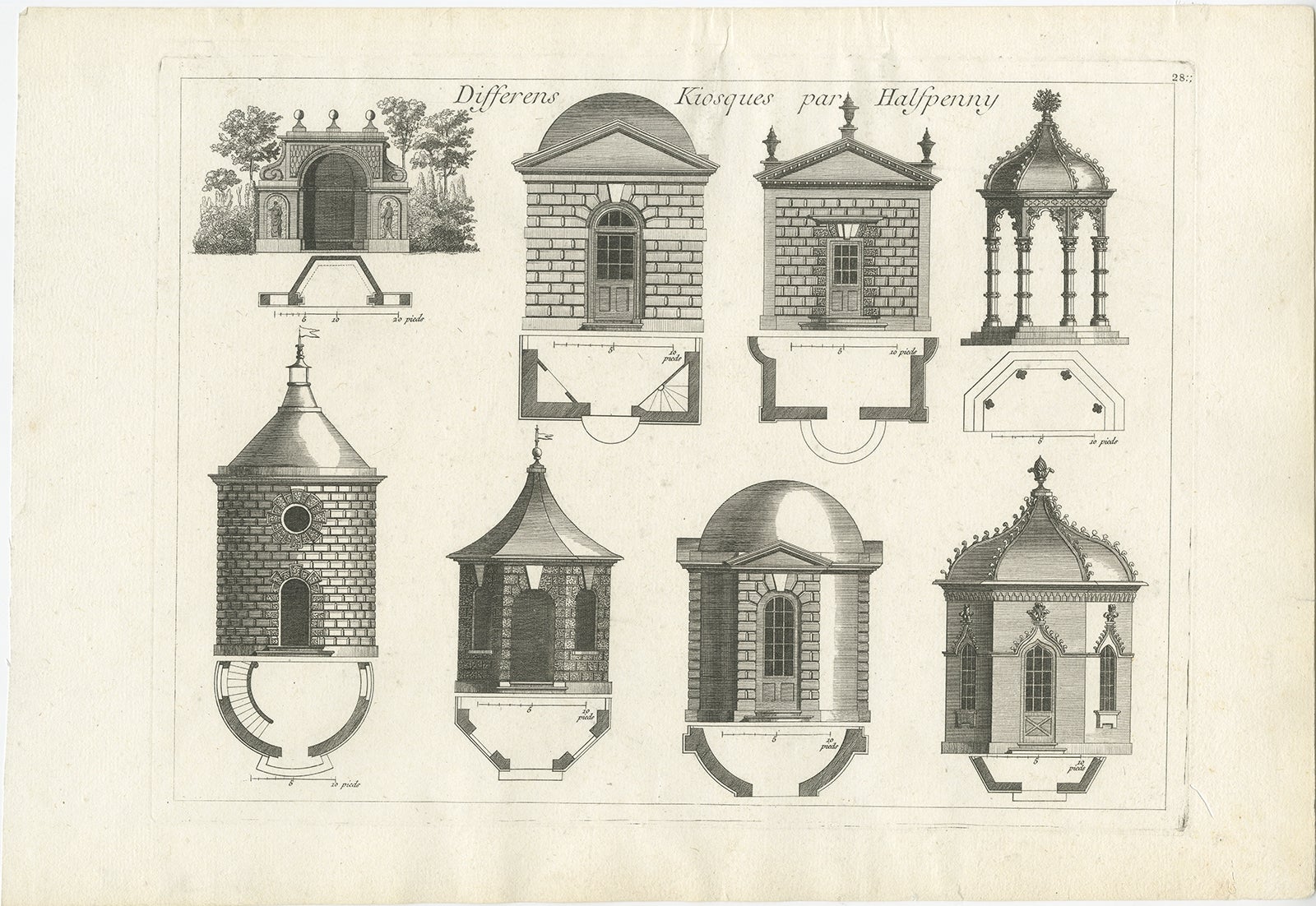 Antique print titled 'Differens Kiosques par Halfpenny'. Copper engraving showing various garden kiosks. This print originates from 'Jardins Anglo-Chinois à la Mode' by Georg Louis le Rouge. Artists and Engravers: The work of Le Rouge is considered