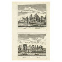 Stampa antica di Giardini vicino al Ringsloot e di una tenuta vicino ad Amsterdam, 1725 ca.