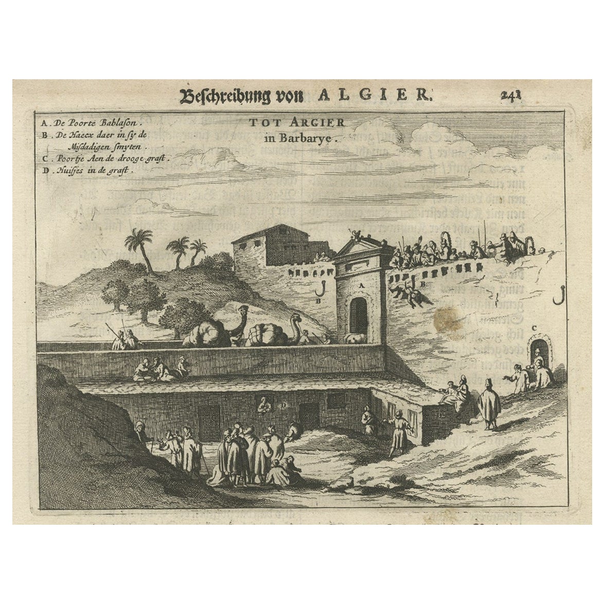 Grabado antiguo de Puerta de la ciudad de Argel con persona colgada de un gancho, 1670