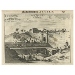 Grabado antiguo de Puerta de la ciudad de Argel con persona colgada de un gancho, 1670