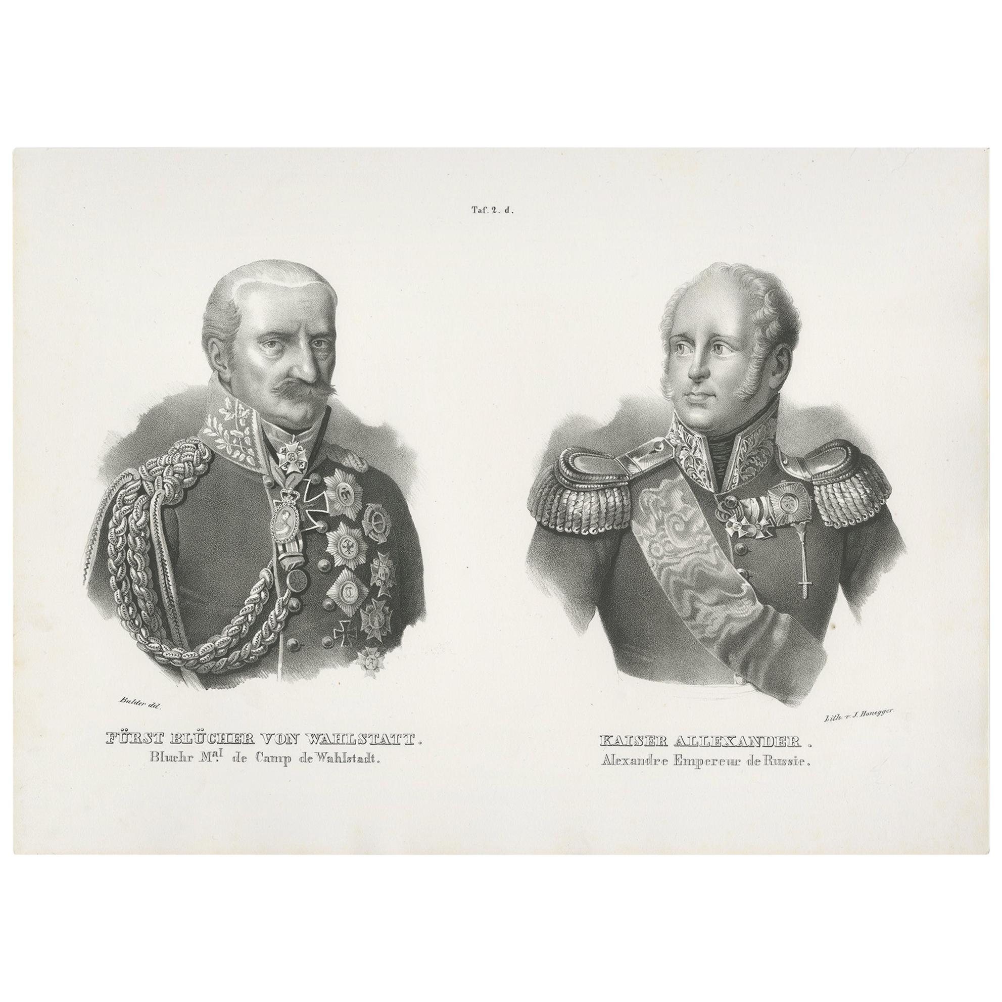 Antique Print of Gebhard Leberecht von Blücher and Alexander I of Russia (1845) For Sale