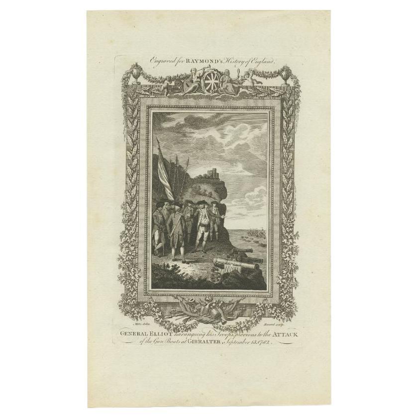 Grabado antiguo del General Elliot y sus tropas por Raymond, c.1787