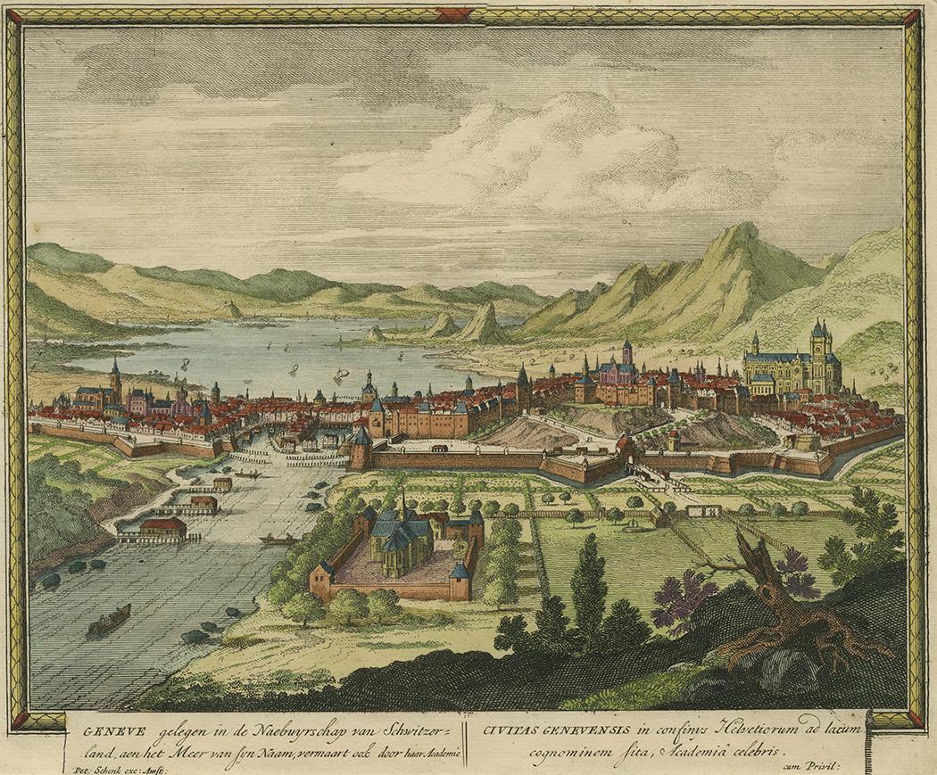 Panoramic view of Geneva, Switzerland. Engraved and published in Amsterdam by Pieter Schenk (1660 - 1718/1719). Titles in Dutch, to left, and Latin. This print originates from Schenk's 'Hecatompolis' (1702), which included one hundred profile views