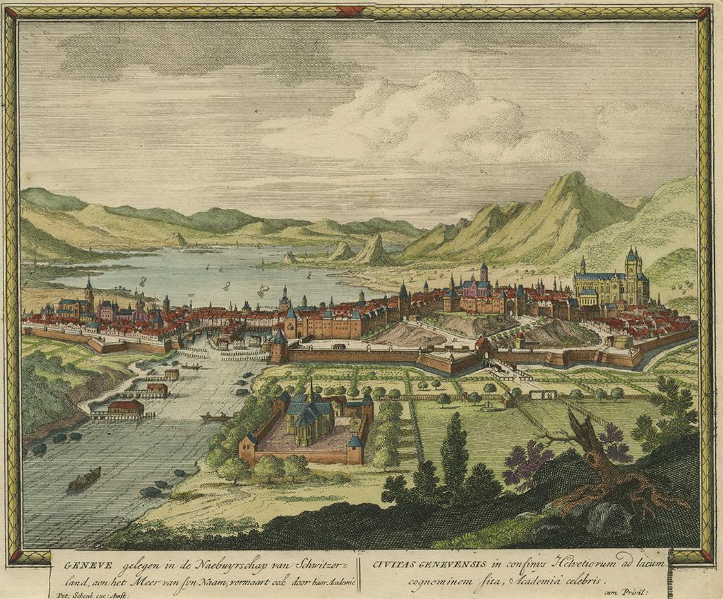 Panoramic view of Geneva, Switzerland. Engraved and published in Amsterdam by Pieter Schenk (1660 - 1718/1719). Titles in Dutch, to left, and Latin. This print originates from Schenk's 'Hecatompolis' (1702), which included one hundred profile views