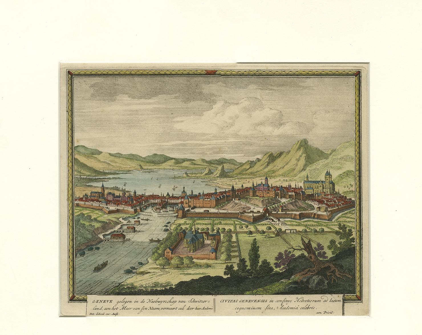 Gravure ancienne originale coloriée à la main de Geneva, Suisse, vers 1702 Bon état - En vente à Langweer, NL