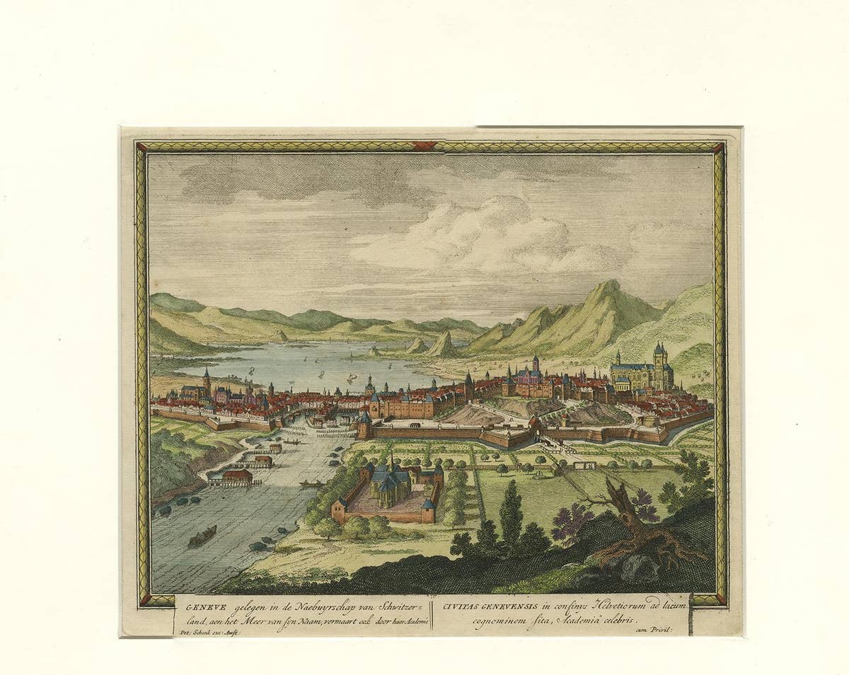 Original Hand-coloured Antique Print of Geneva, Switzerland, circa 1702
