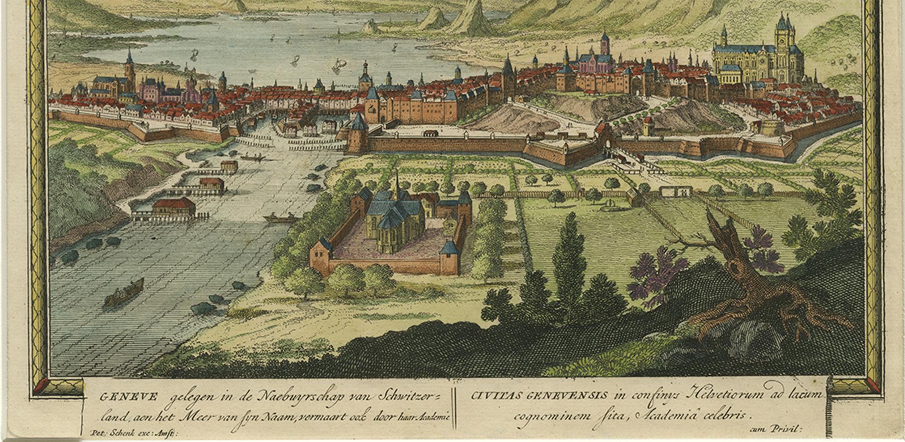 Original Hand-coloured Antique Print of Geneva, Switzerland, circa 1702 In Good Condition For Sale In Langweer, NL