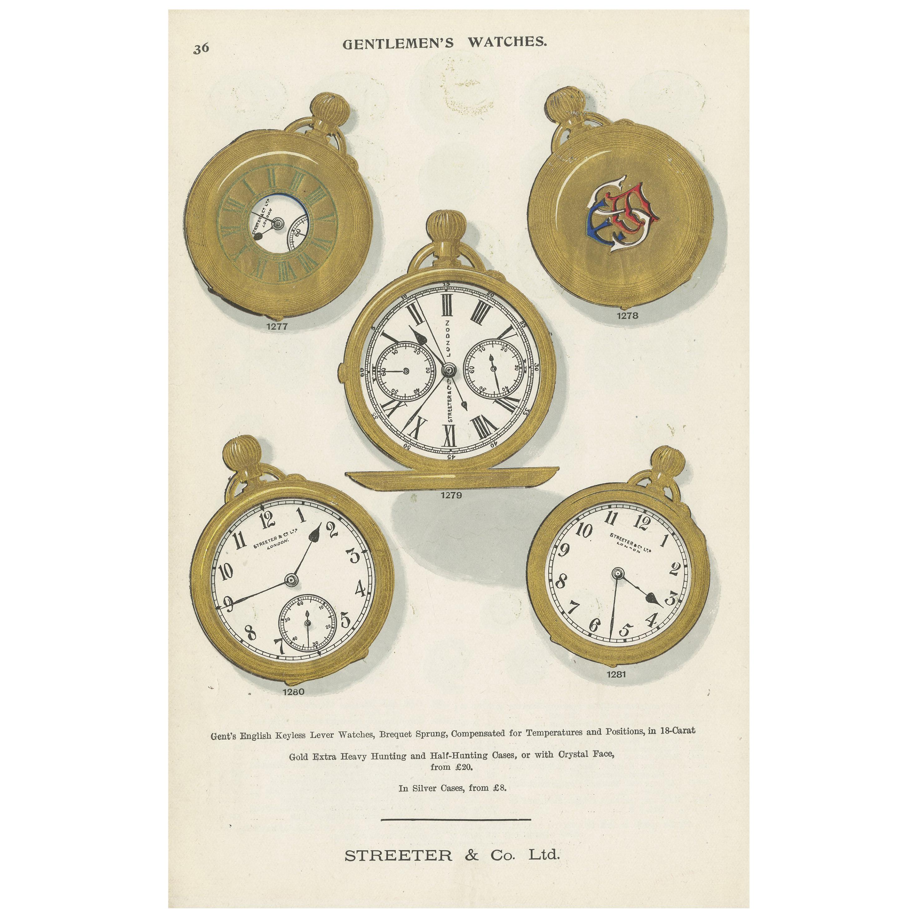 Antique Print of Gentlemen's Watches by Streeter, '1898' For Sale