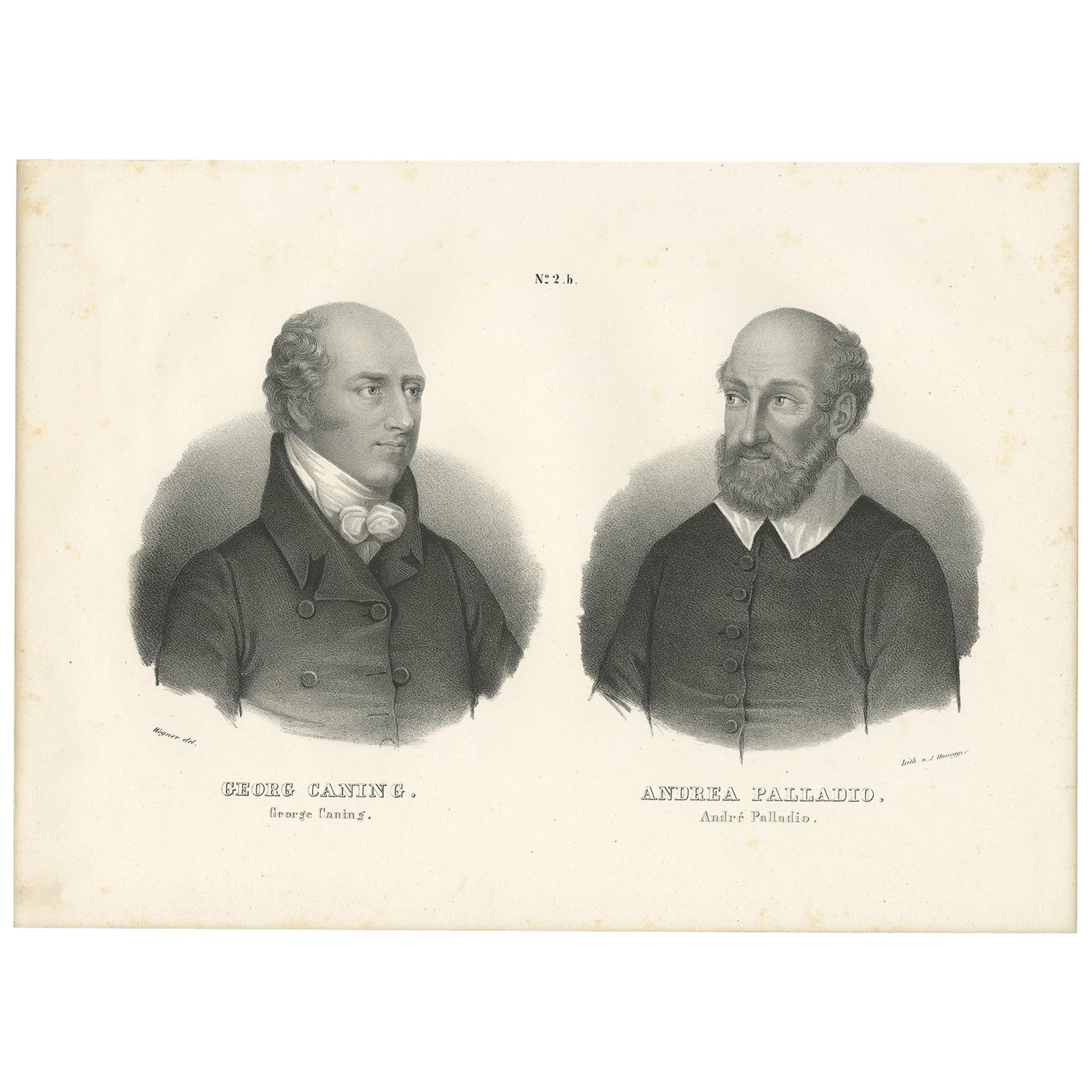 Antique Print of Georg Caning and Andrea Palladio by Honegger, 1836 For Sale