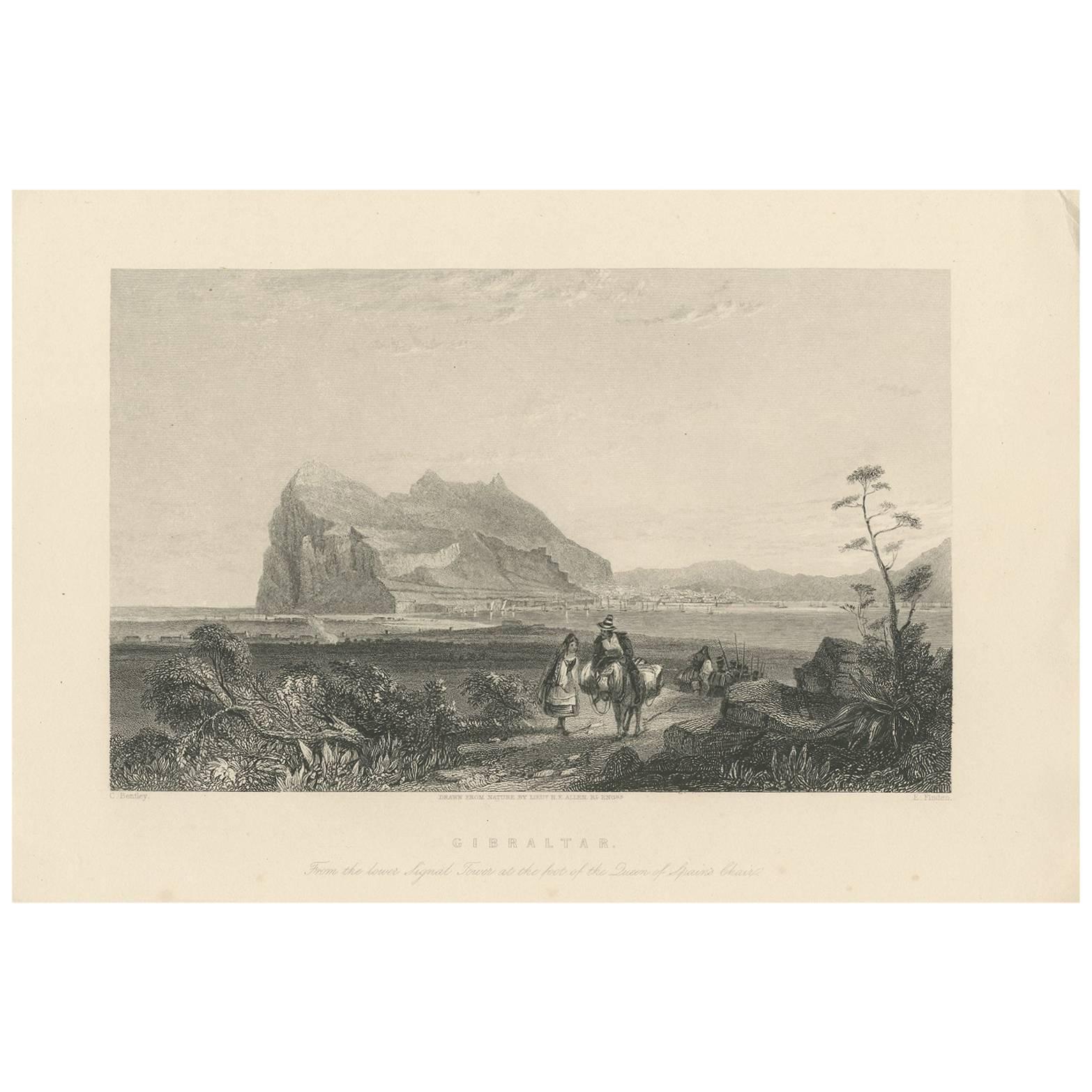 Antique Print of Gibraltar by E. Finden, 1840 For Sale